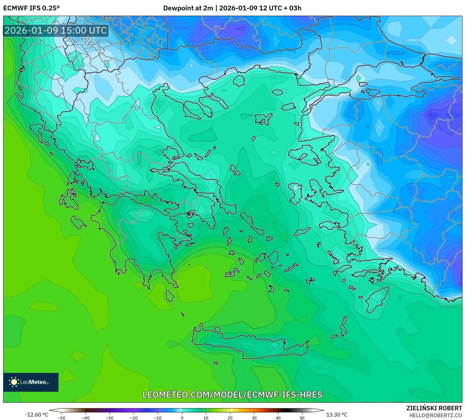 ECMWF IFS 0.25° model - Greece, Dewpoint at 2m