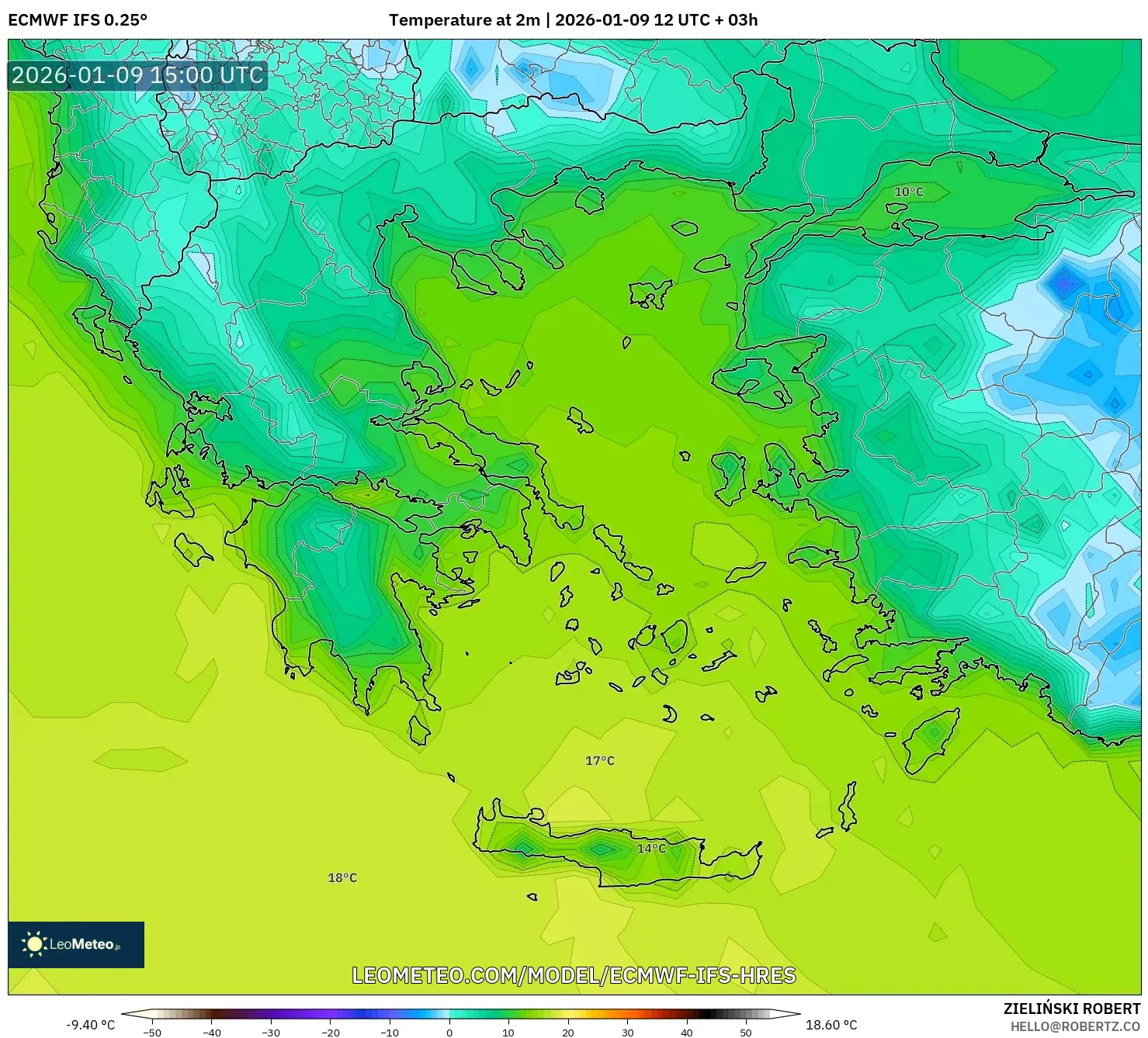 ECMWF IFS 0.25° model - Greece, Temperature at 2m