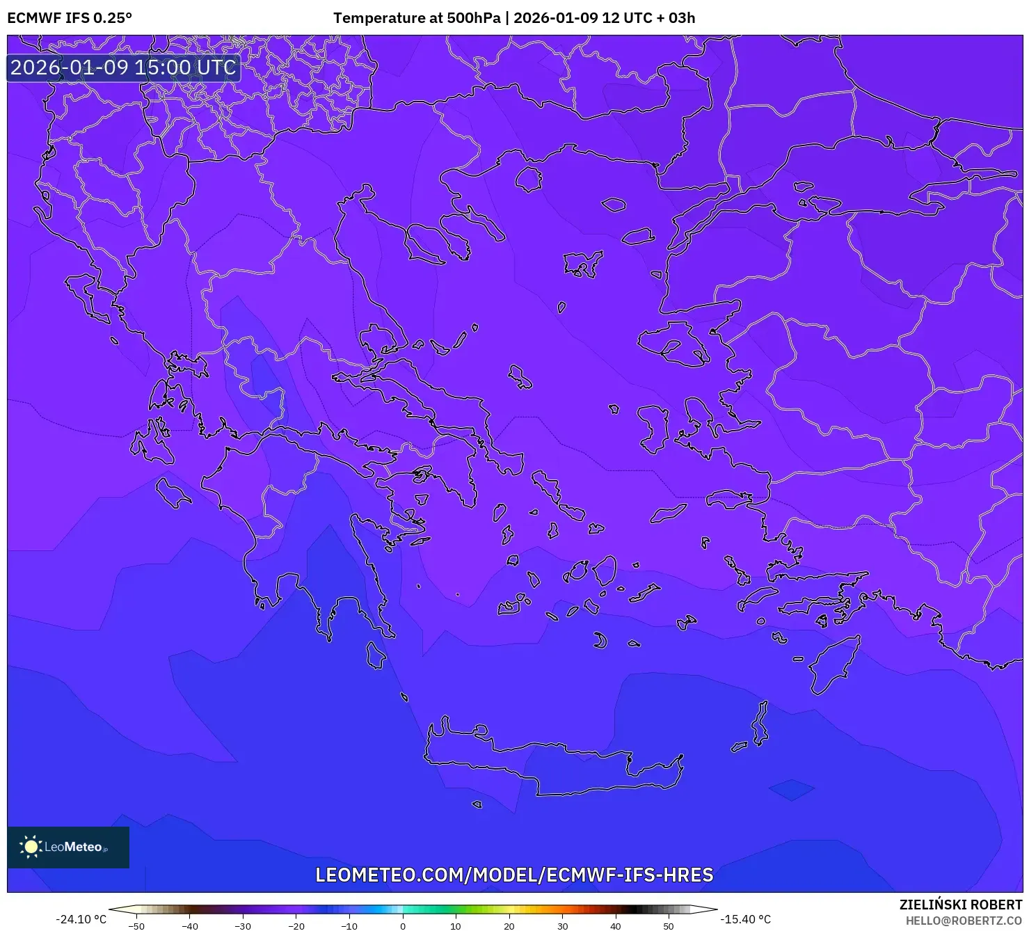 ECMWF IFS 0.25° model - Greece, Temperature at 500hPa