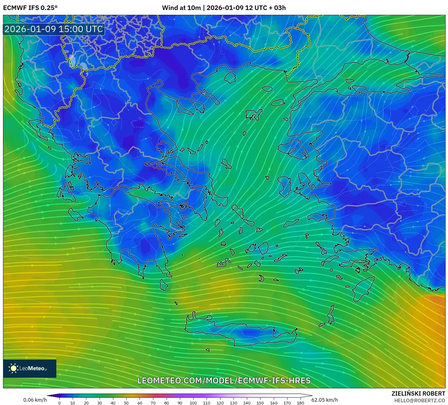 ECMWF IFS 0.25° model - Greece, Wind at 10m