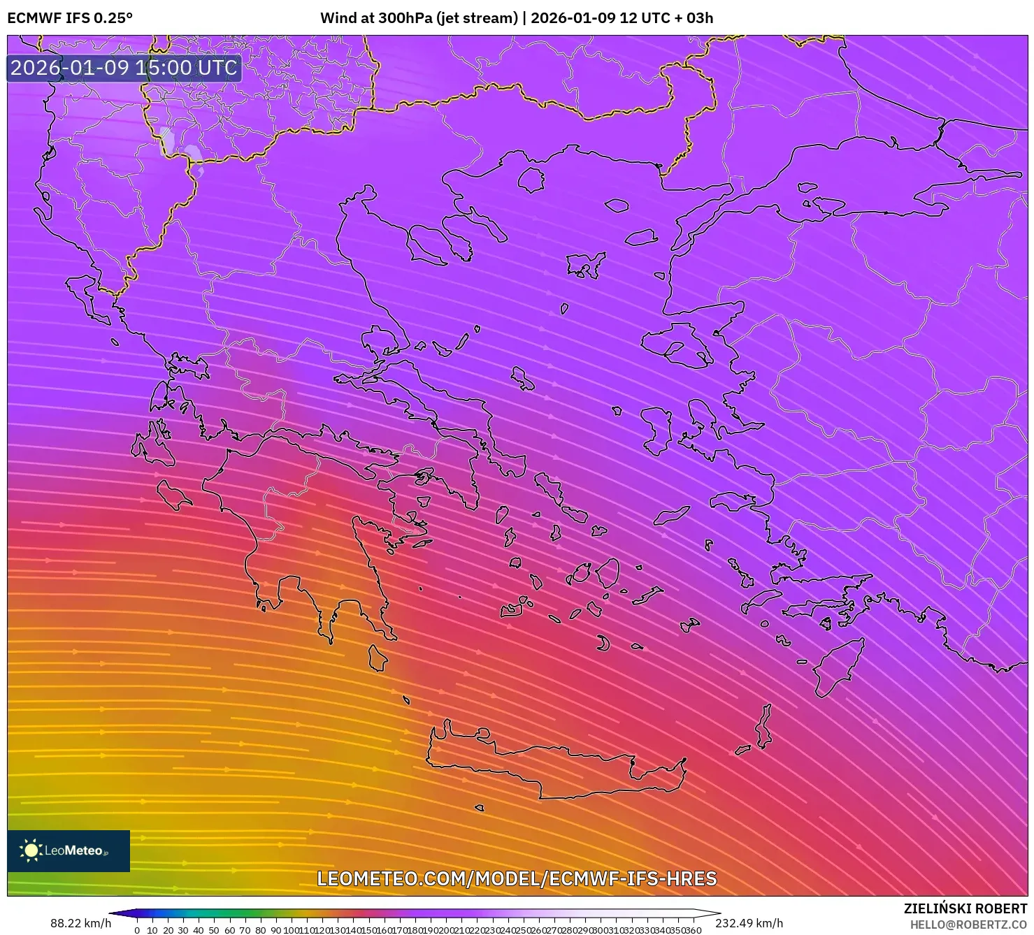 ECMWF IFS 0.25° model - Greece, Wind at 300hPa (jet stream)