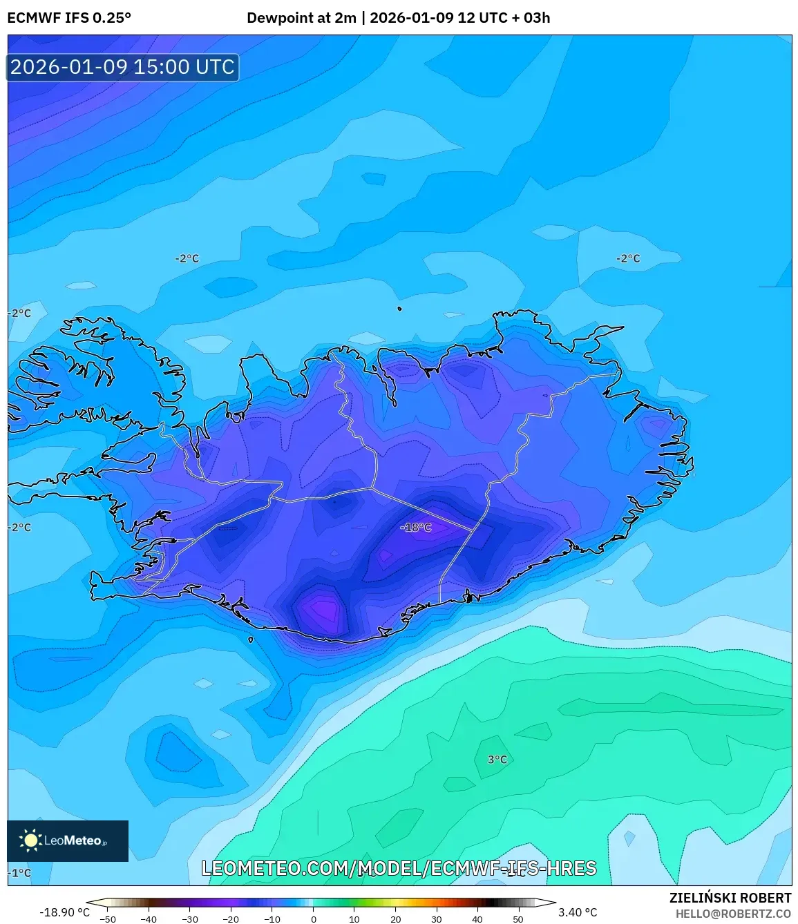 ECMWF IFS 0.25° model - Iceland, Dewpoint at 2m