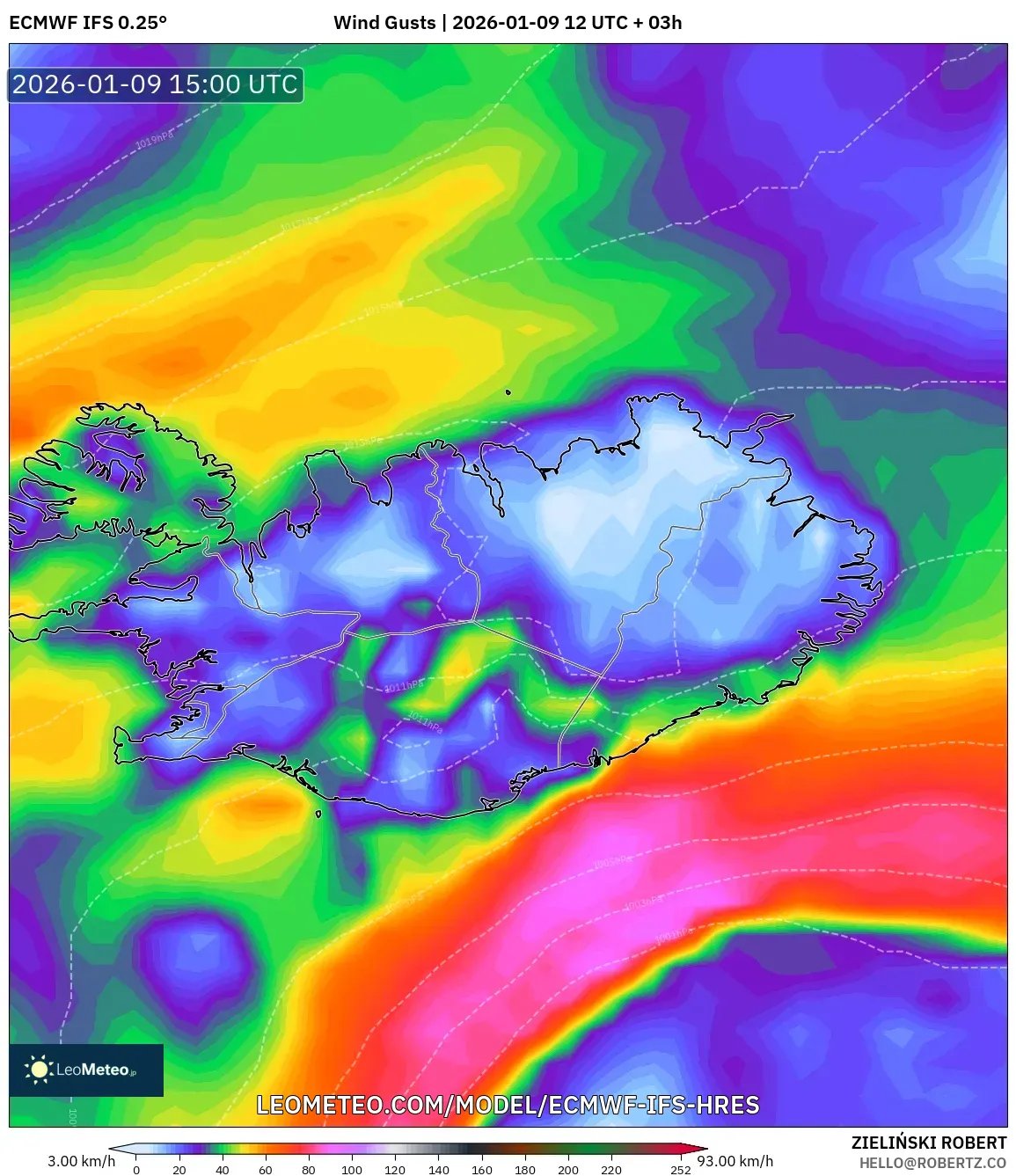 ECMWF IFS 0.25° model - Iceland, Wind Gusts