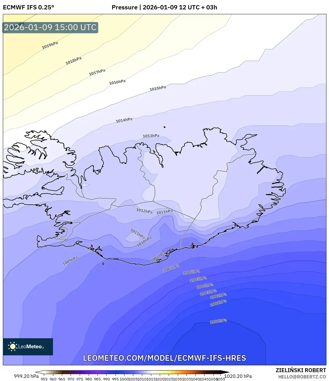 ECMWF IFS 0.25° model - Iceland, Pressure