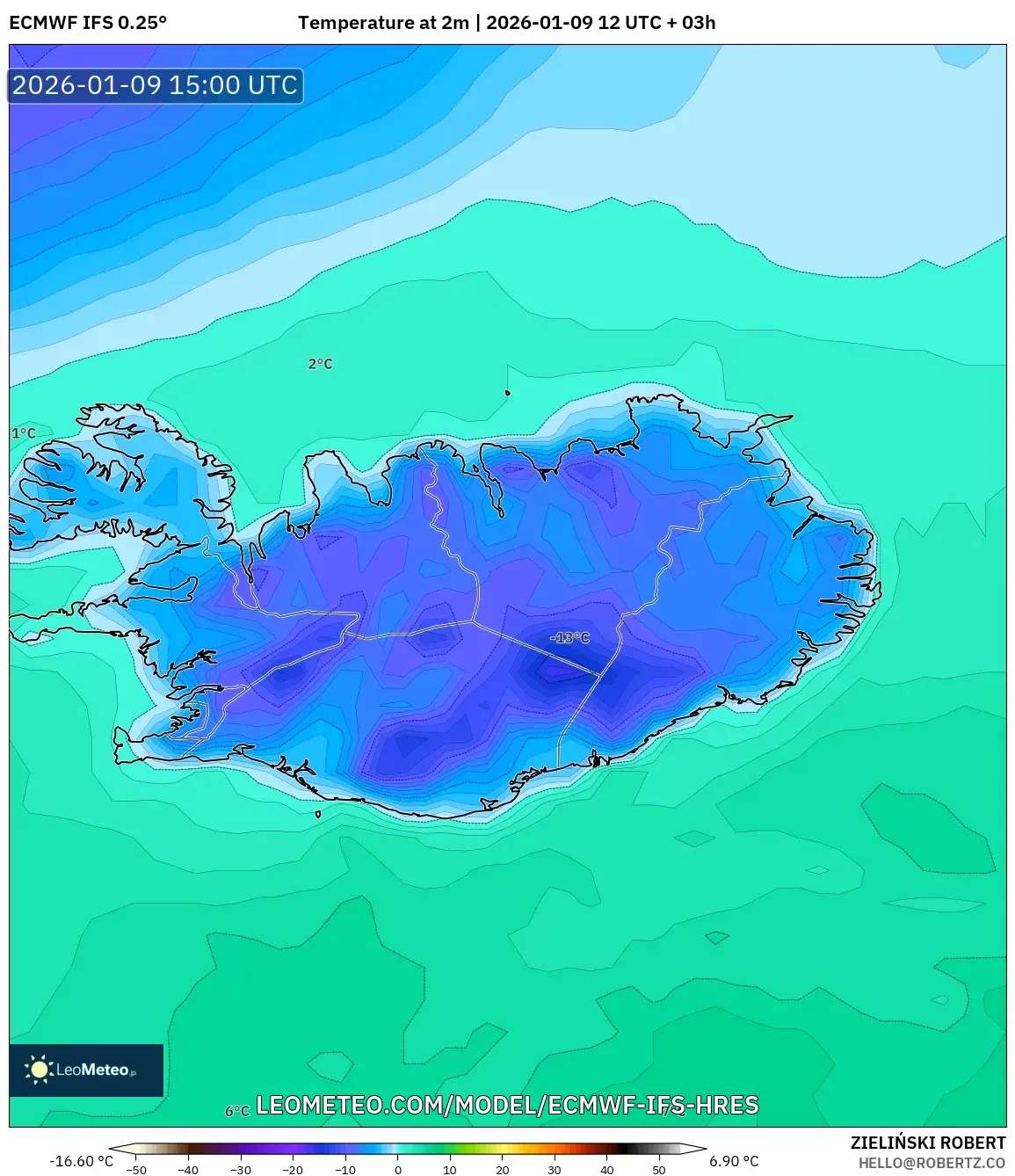 ECMWF IFS 0.25° model - Iceland, Temperature at 2m