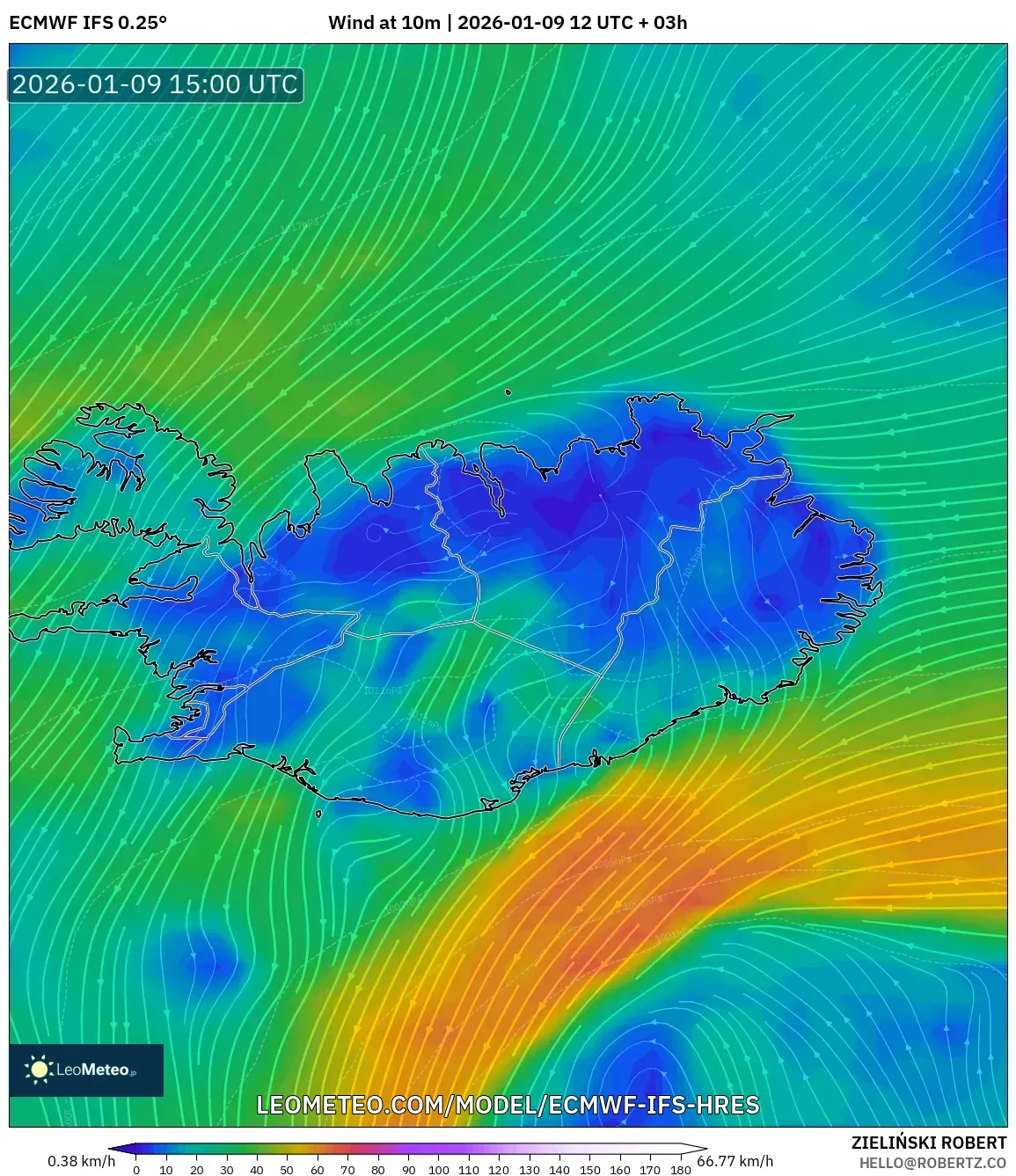 ECMWF IFS 0.25° model - Iceland, Wind at 10m