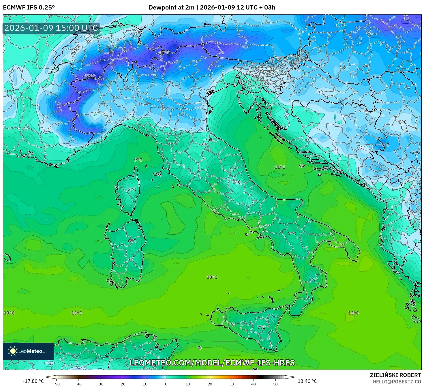 ECMWF IFS 0.25° model - Italy, Dewpoint at 2m
