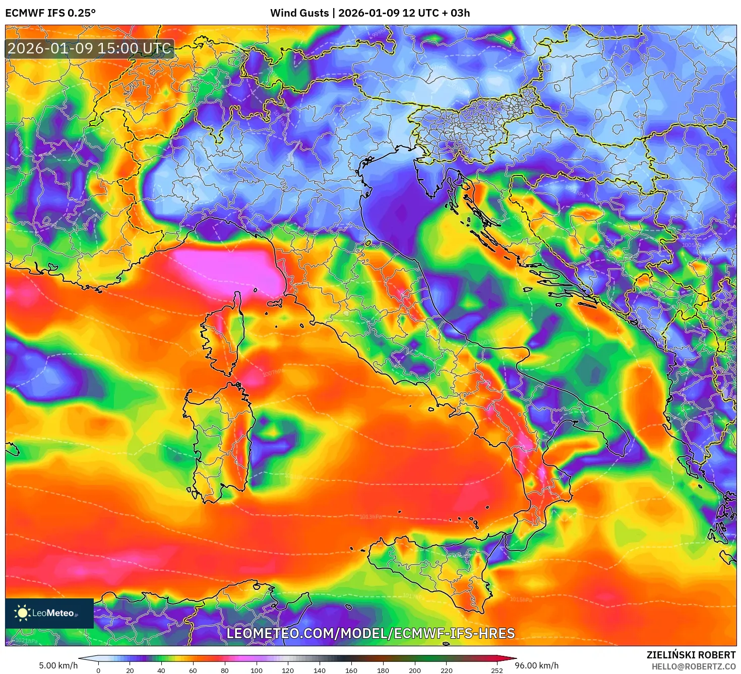 ECMWF IFS 0.25° model - Italy, Wind Gusts