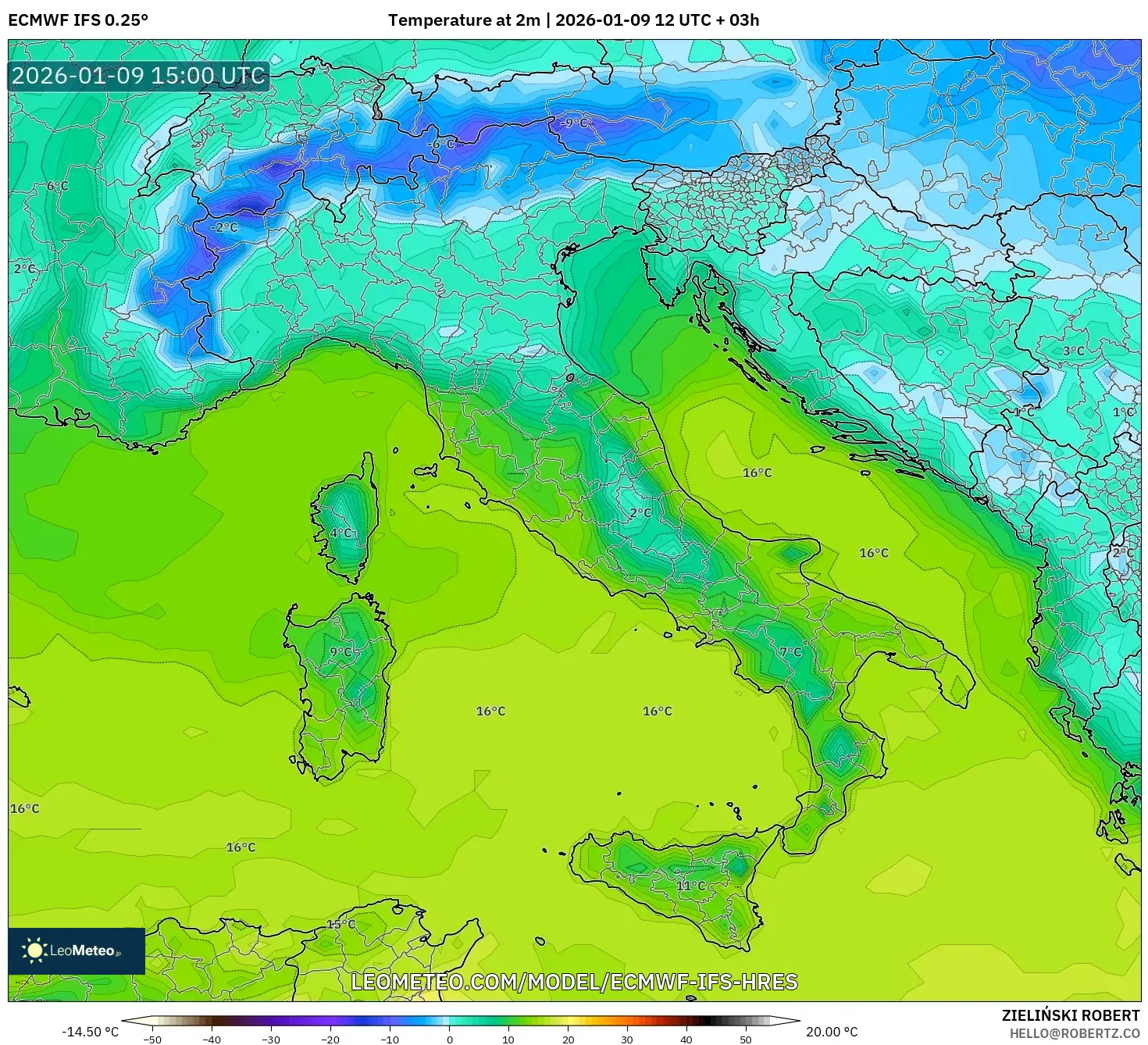 ECMWF IFS 0.25° model - Italy, Temperature at 2m
