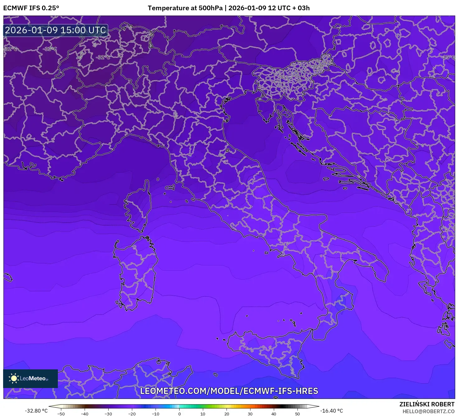 ECMWF IFS 0.25° model - Italy, Temperature at 500hPa