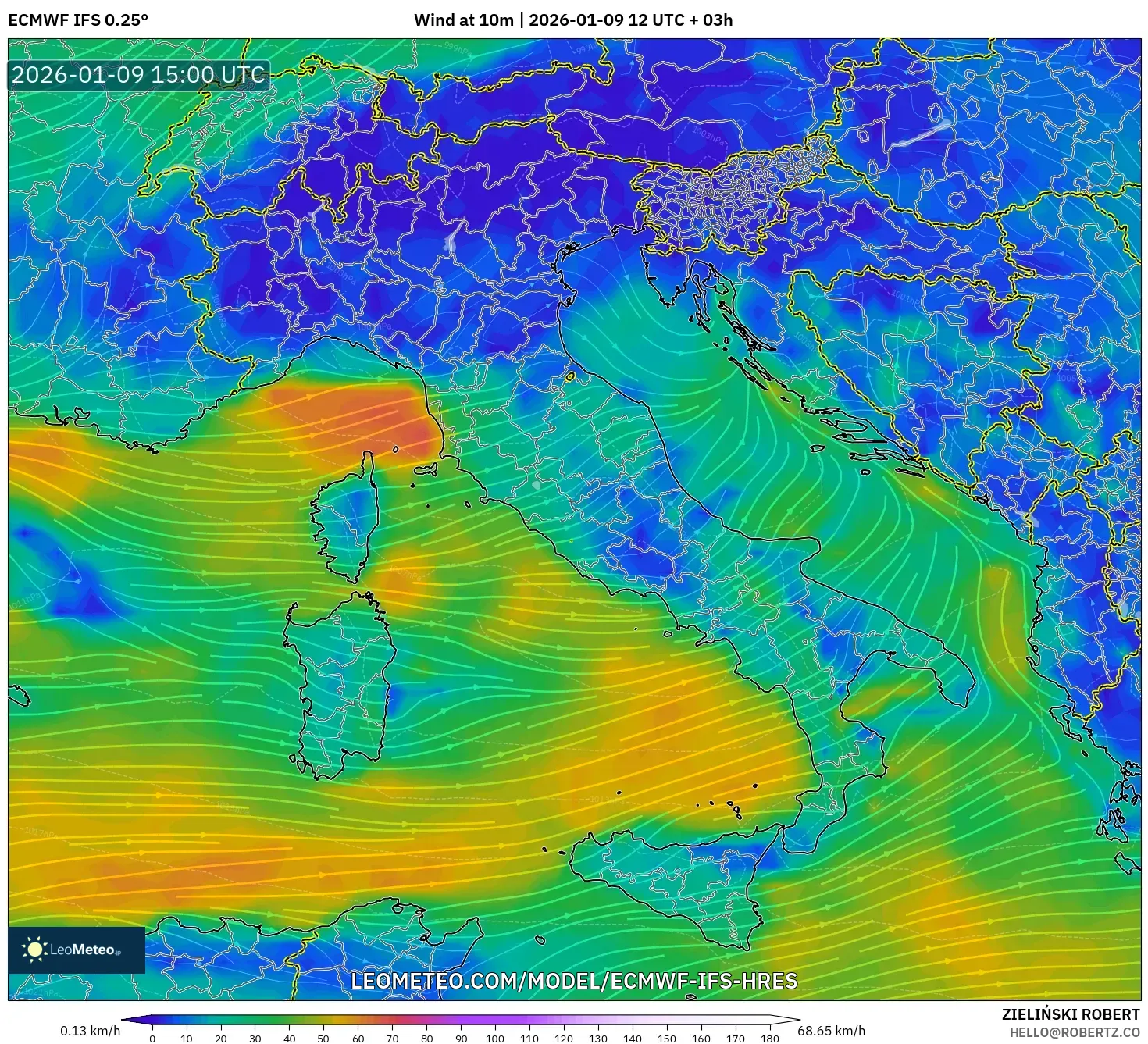 ECMWF IFS 0.25° model - Italy, Wind at 10m