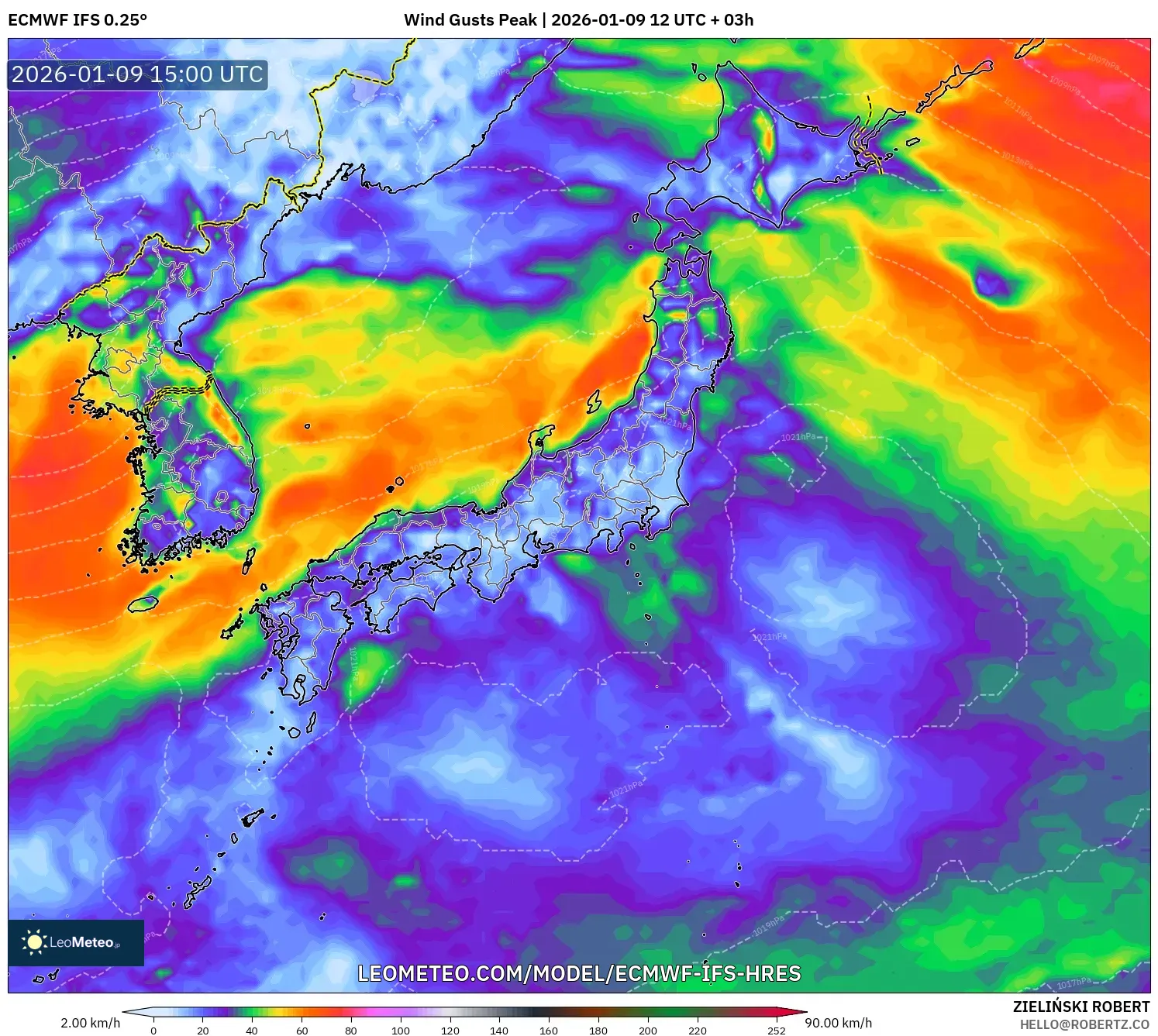 ECMWF IFS 0.25° model - Japan, Wind Gusts Peak