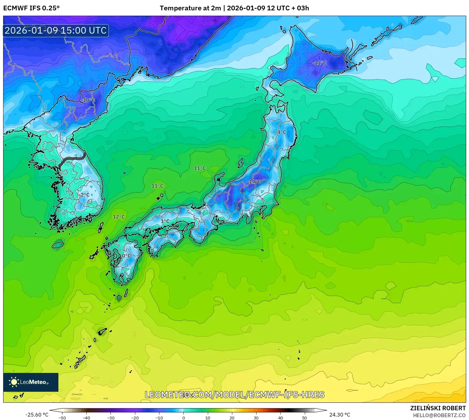 ECMWF IFS 0.25° model - Japan, Temperature at 2m