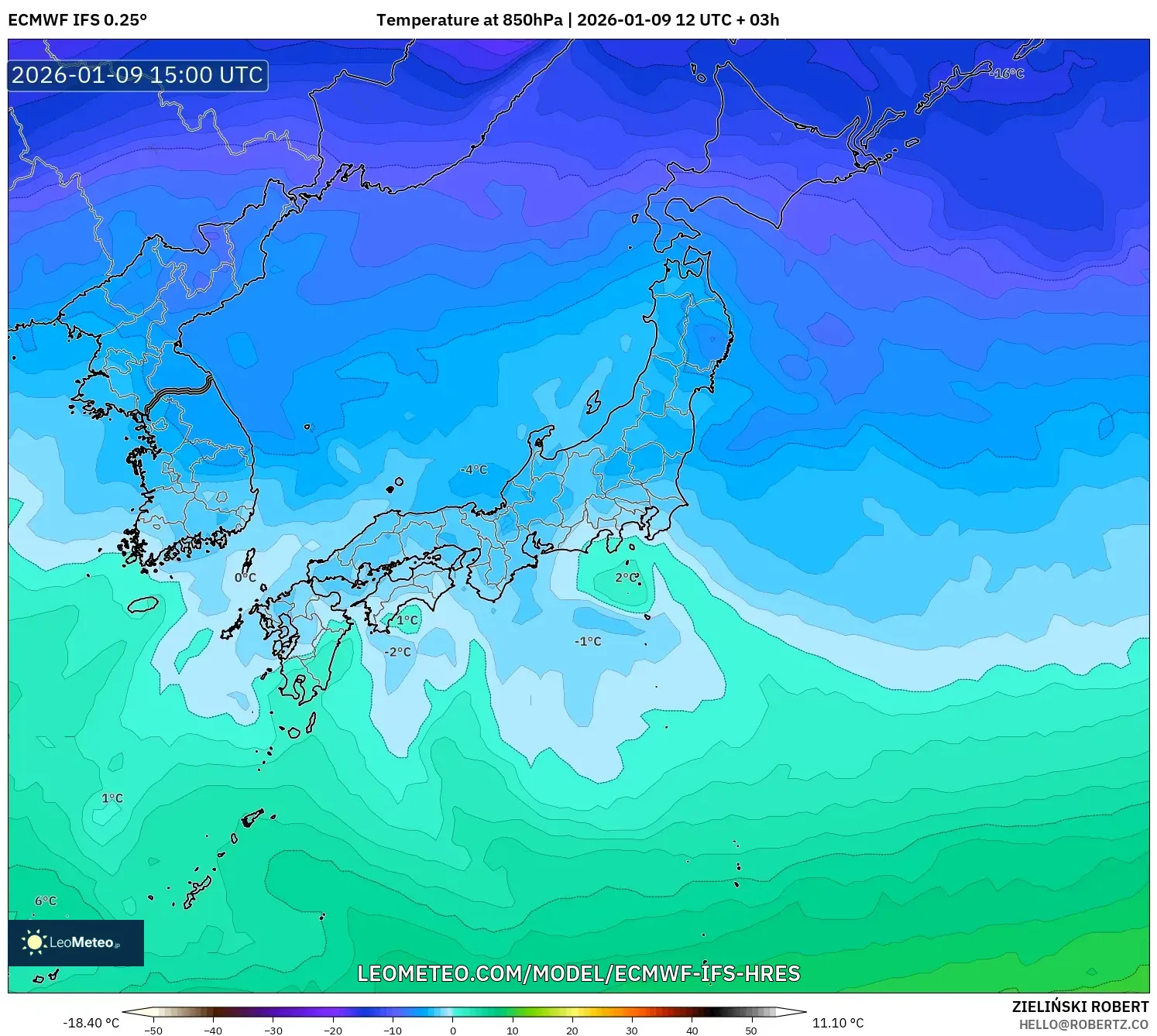 ECMWF IFS 0.25° model - Japan, Temperature at 850hPa