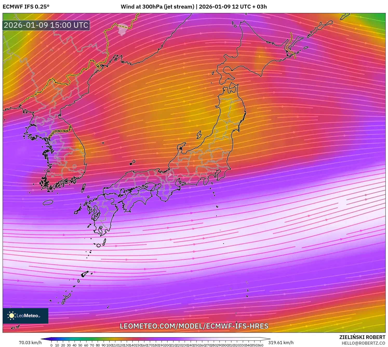 ECMWF IFS 0.25° model - Japan, Wind at 300hPa (jet stream)