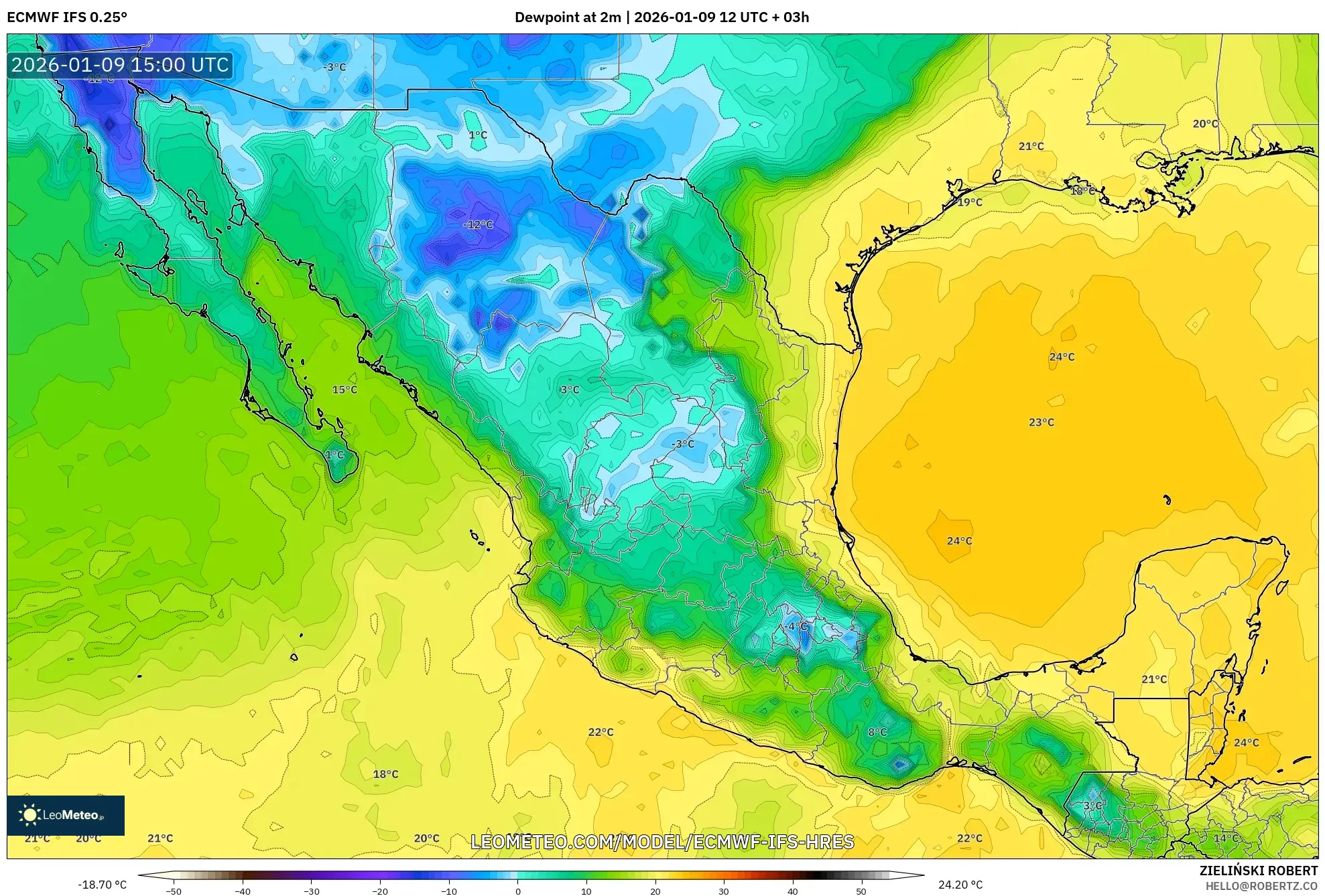 ECMWF IFS 0.25° model - Mexico, Dewpoint at 2m