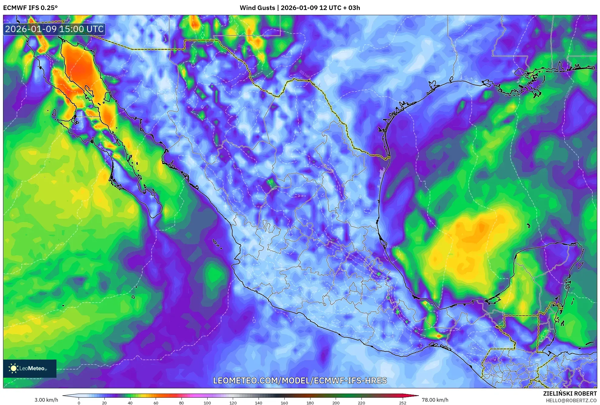 ECMWF IFS 0.25° model - Mexico, Wind Gusts