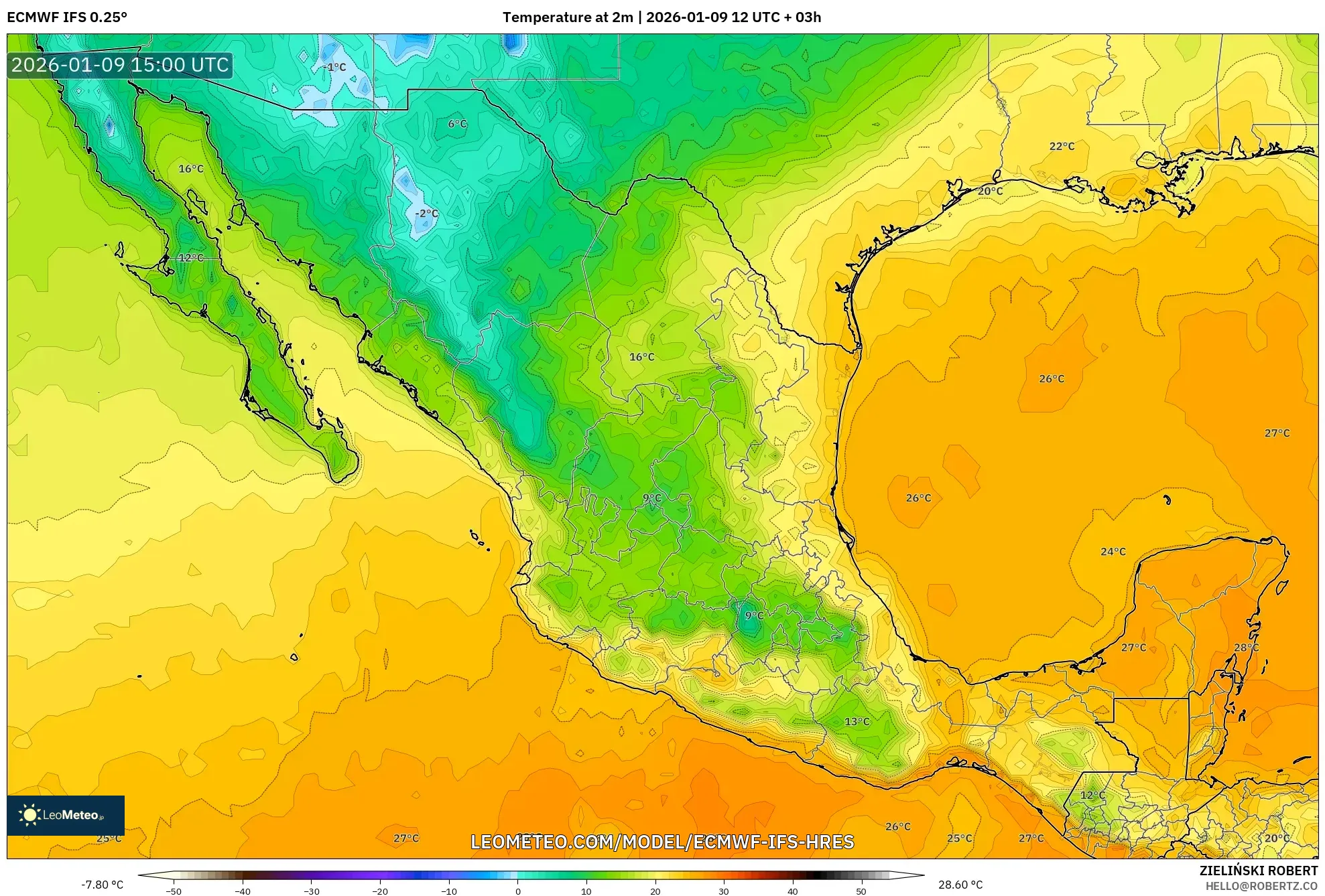 ECMWF IFS 0.25° model - Mexico, Temperature at 2m