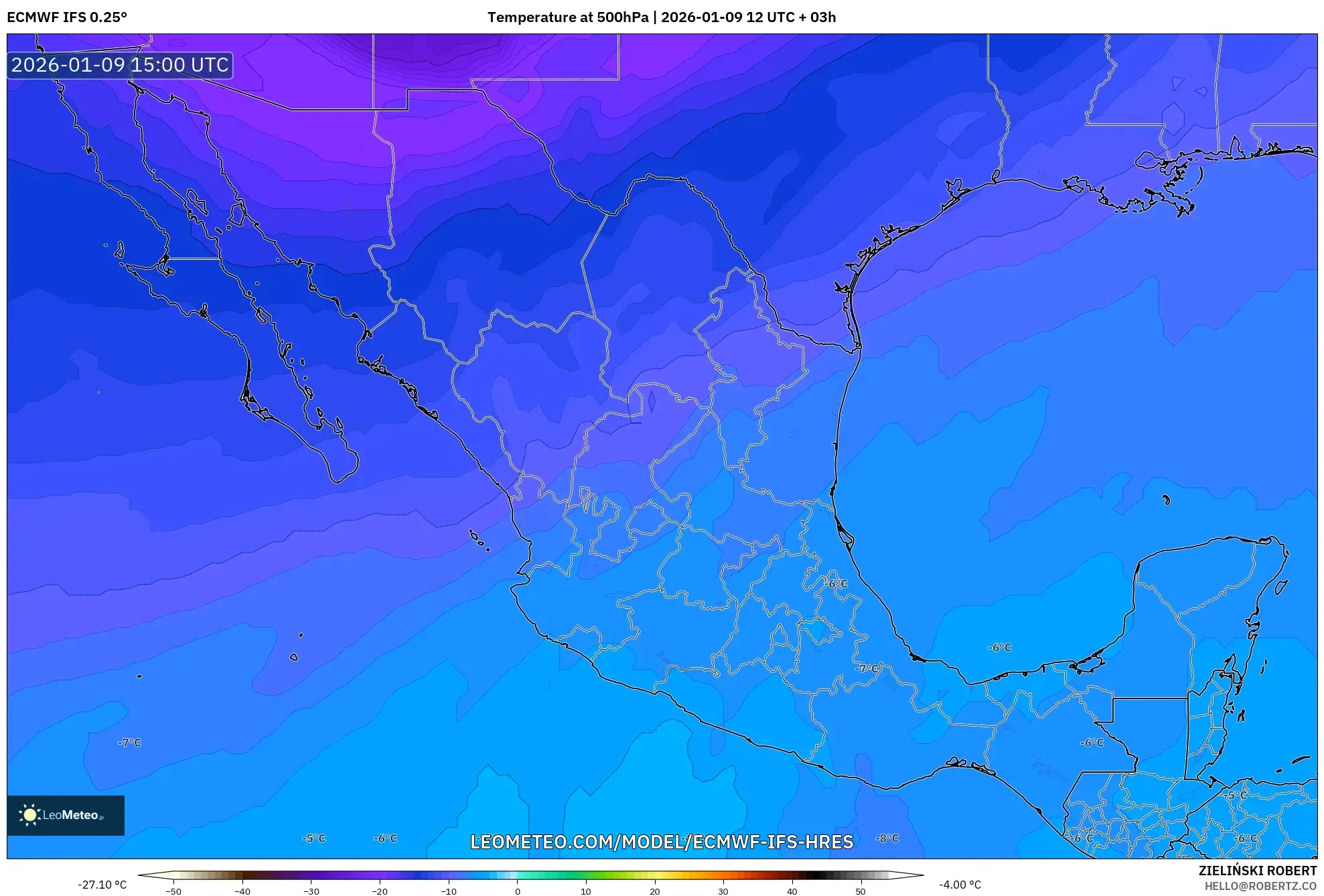 ECMWF IFS 0.25° model - Mexico, Temperature at 500hPa