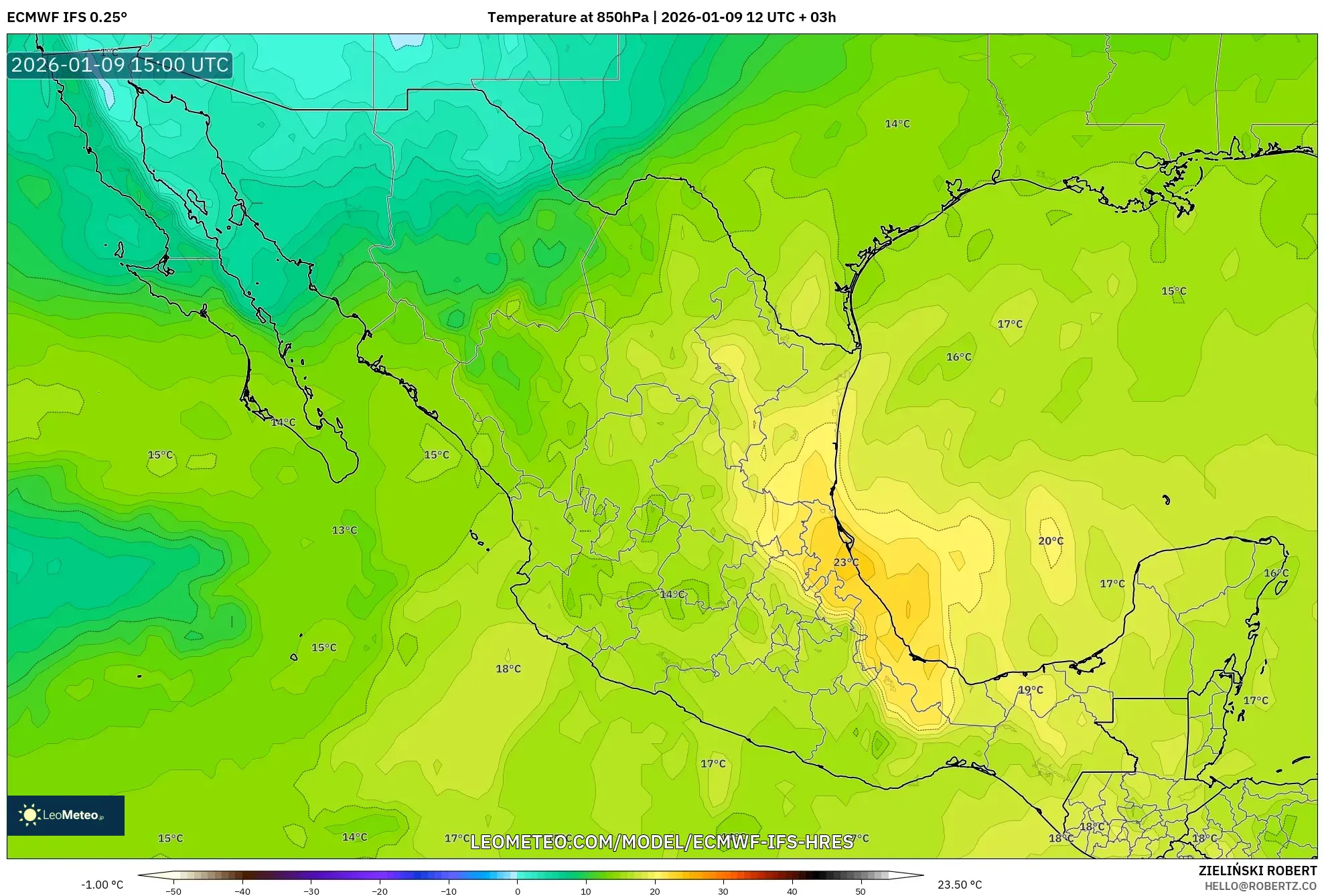 ECMWF IFS 0.25° model - Mexico, Temperature at 850hPa