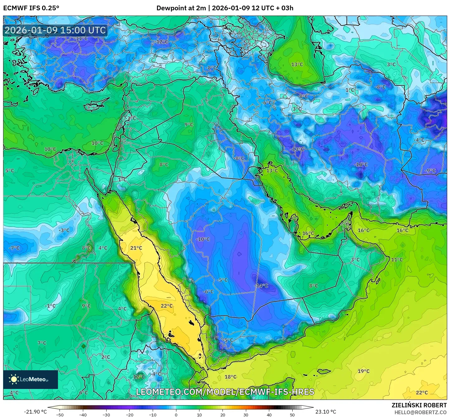 ECMWF IFS 0.25° model - Middle East, Dewpoint at 2m
