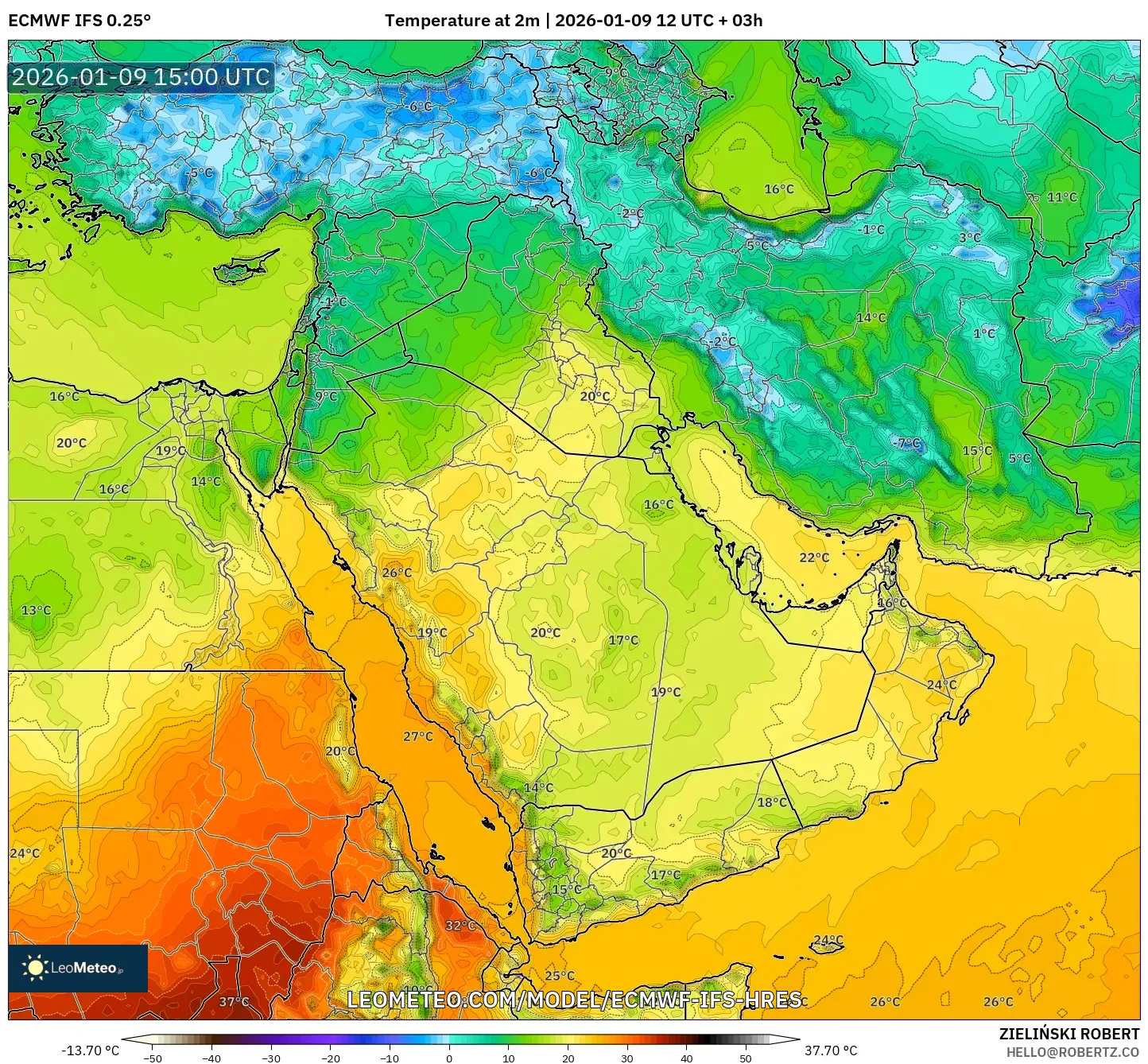 ECMWF IFS 0.25° model - Middle East, Temperature at 2m