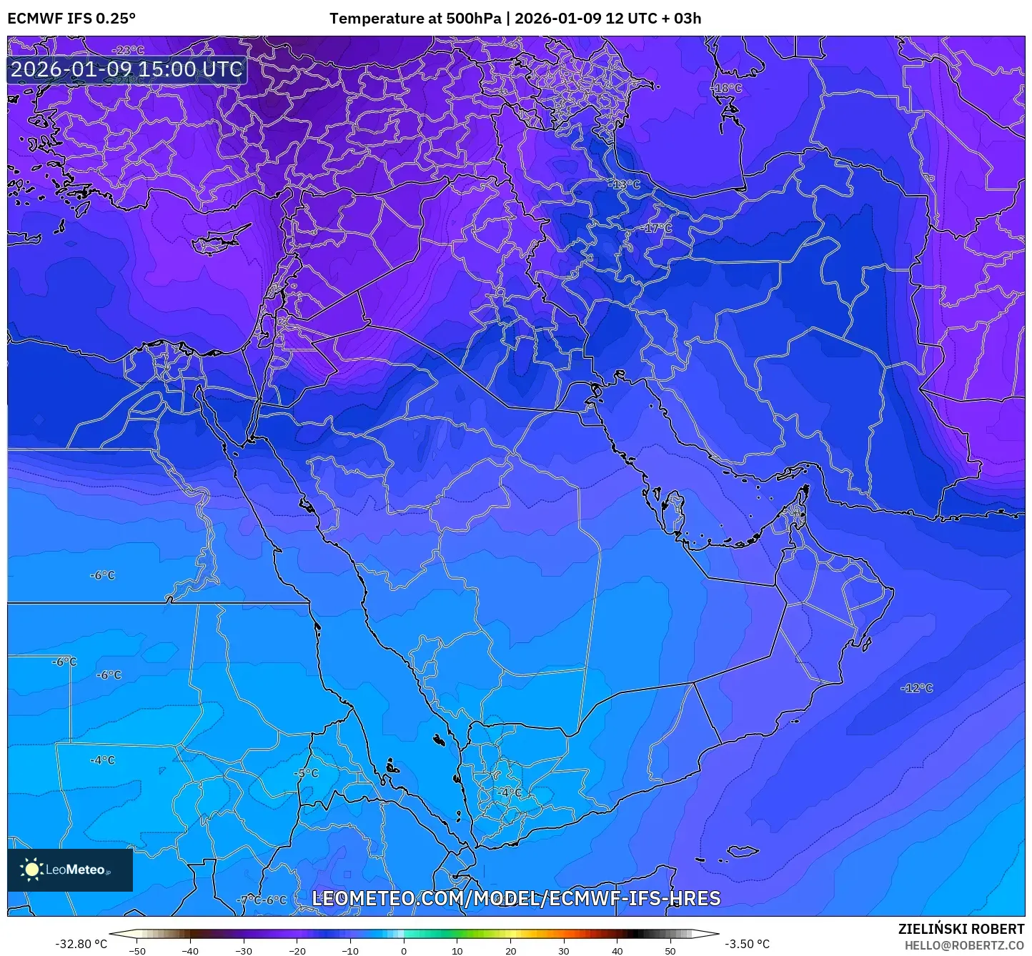 ECMWF IFS 0.25° model - Middle East, Temperature at 500hPa