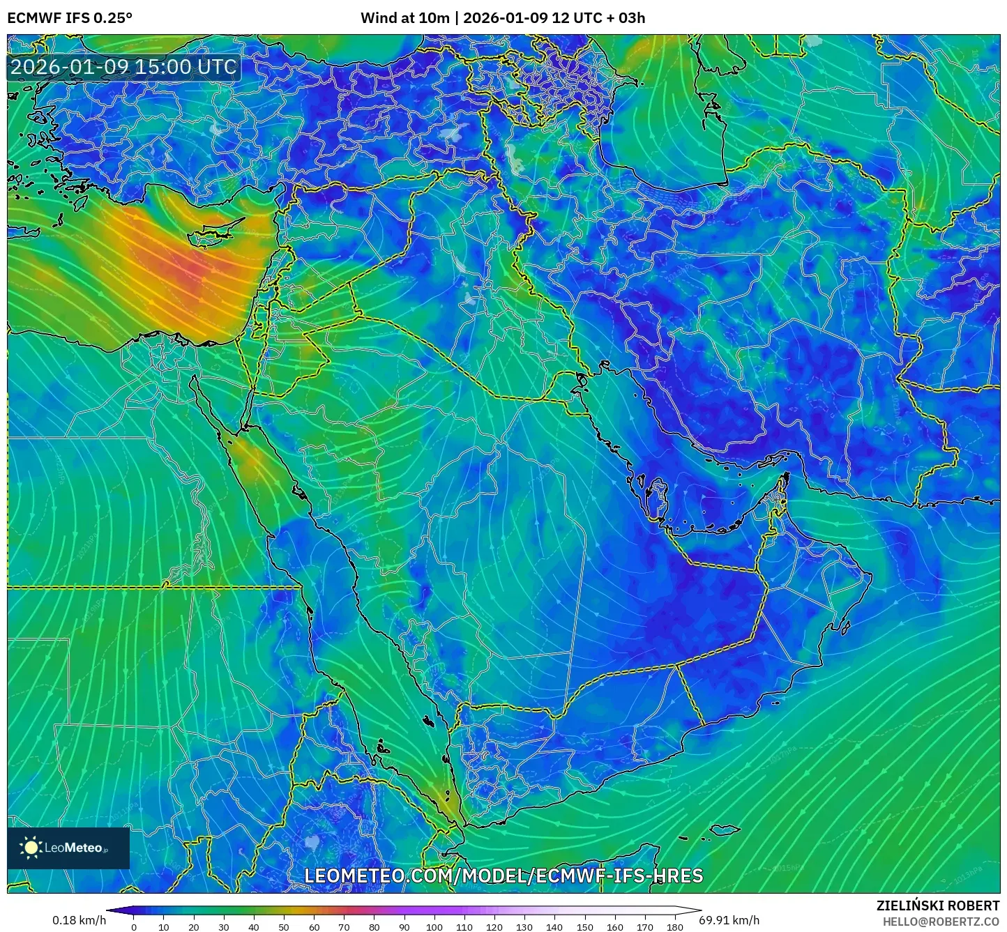 ECMWF IFS 0.25° model - Middle East, Wind at 10m
