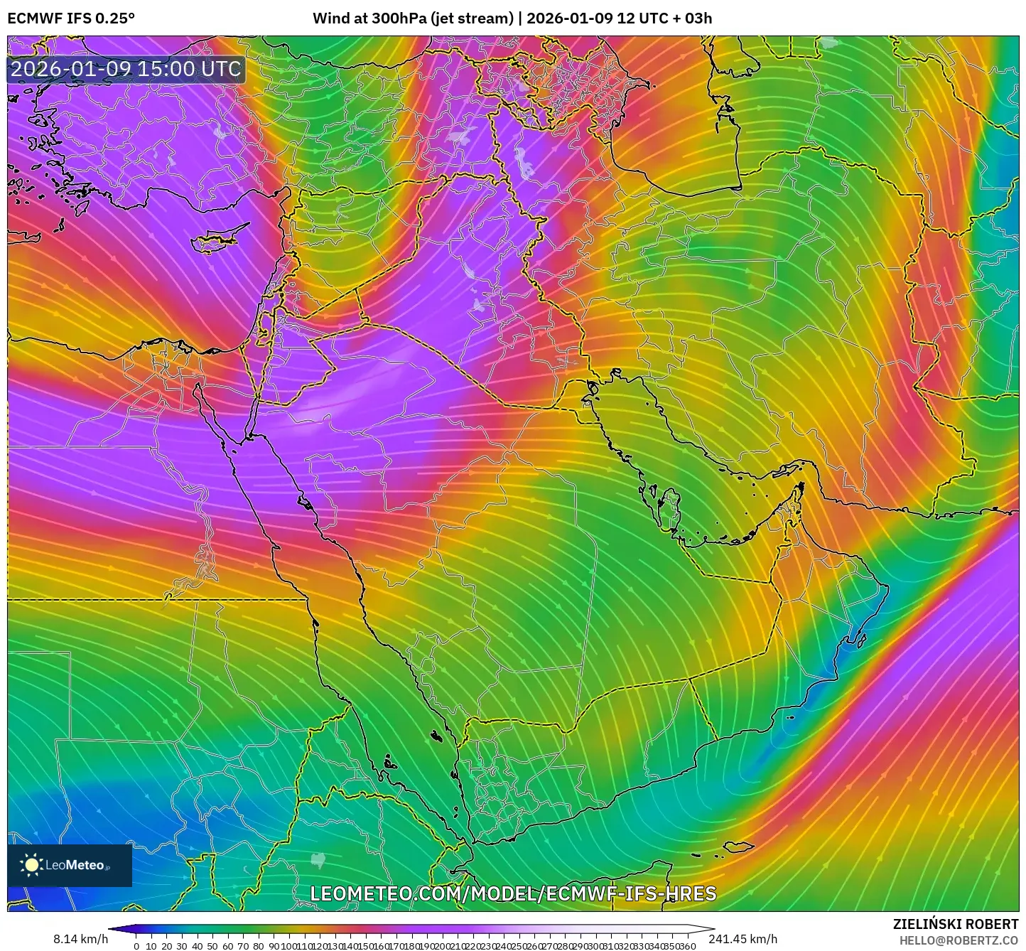ECMWF IFS 0.25° model - Middle East, Wind at 300hPa (jet stream)