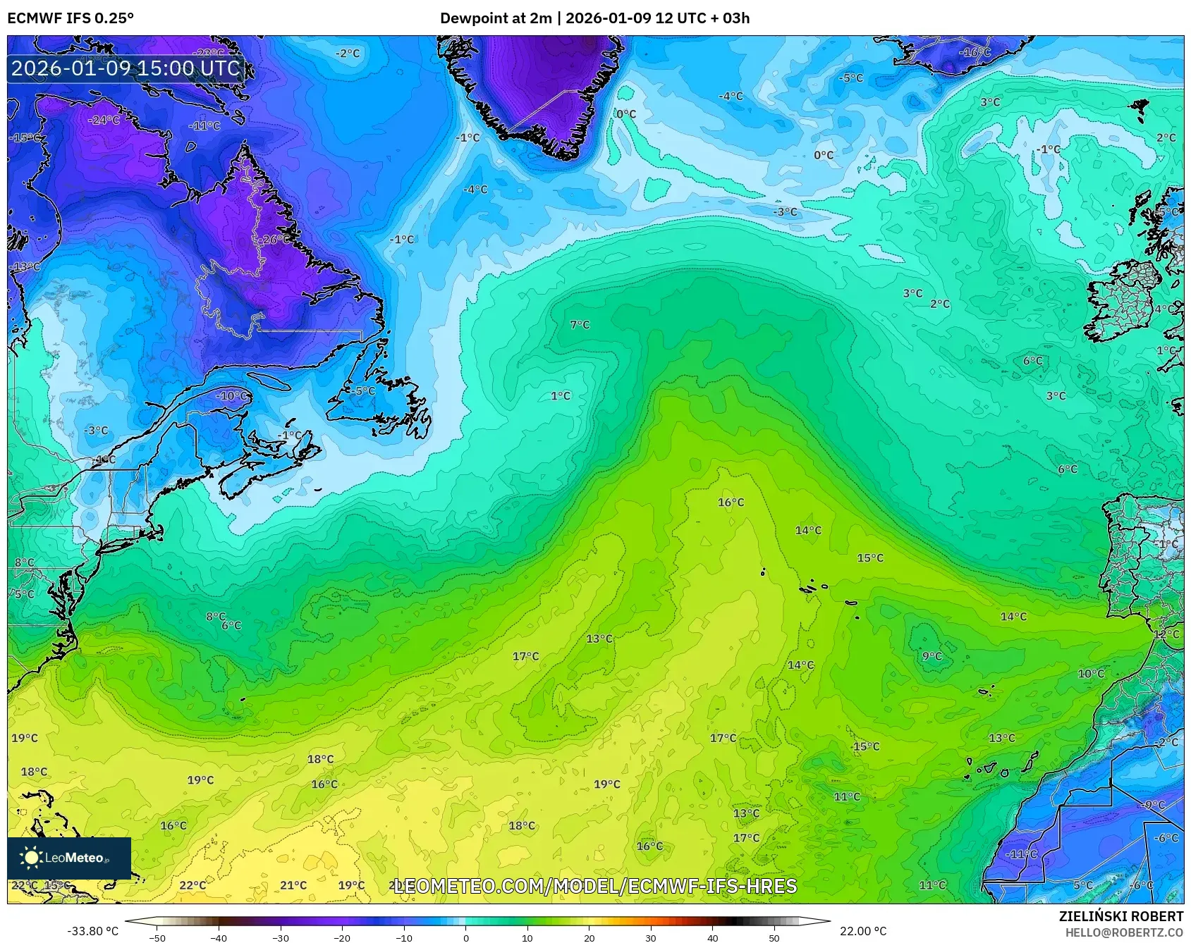ECMWF IFS 0.25° model - North Atlantic, Dewpoint at 2m