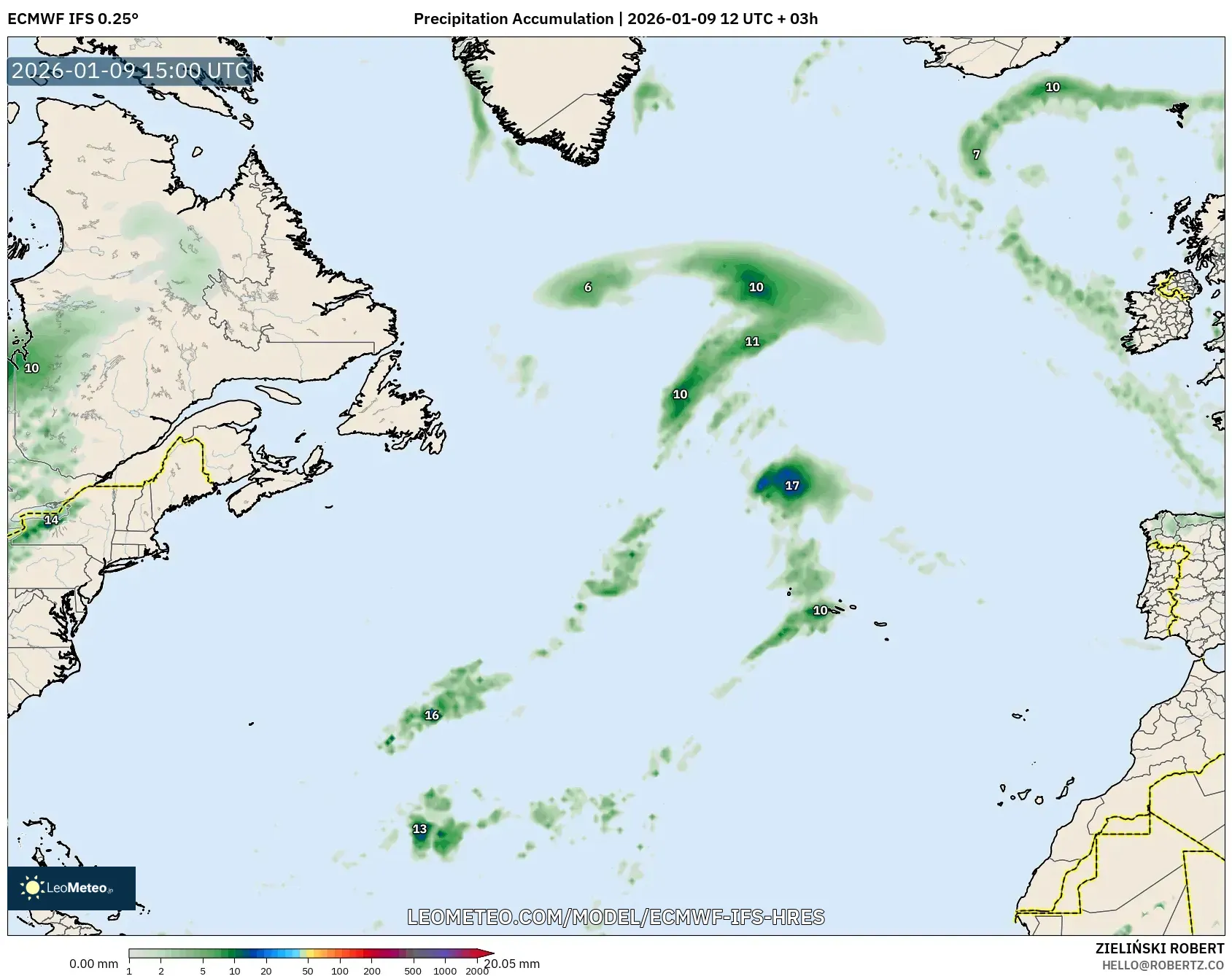 ECMWF IFS 0.25° model - North Atlantic, Precipitation Accumulation