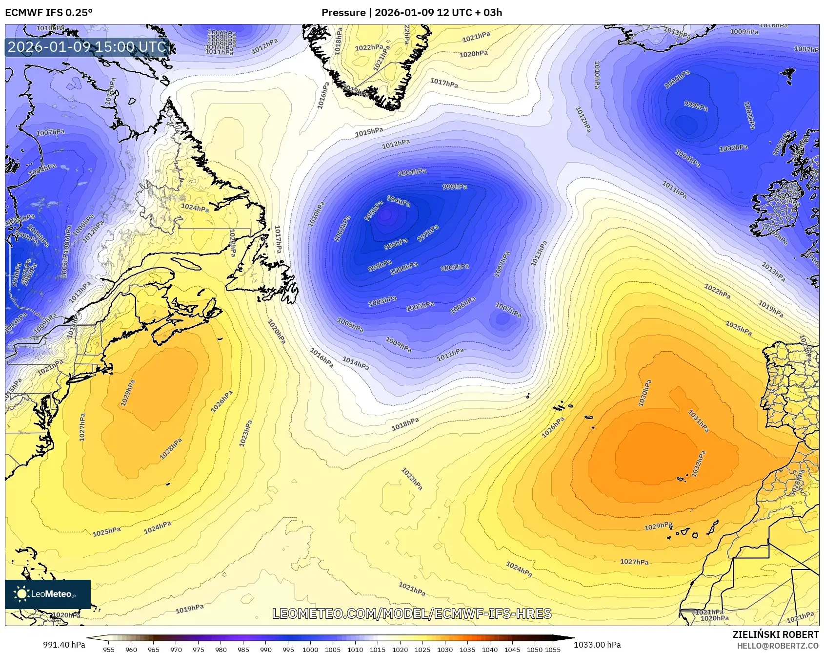 ECMWF IFS 0.25° model - North Atlantic, Pressure