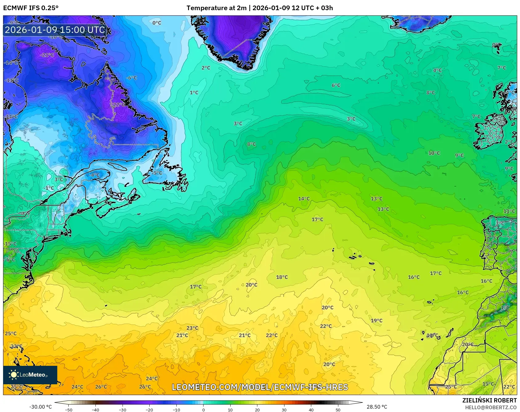 ECMWF IFS 0.25° model - North Atlantic, Temperature at 2m