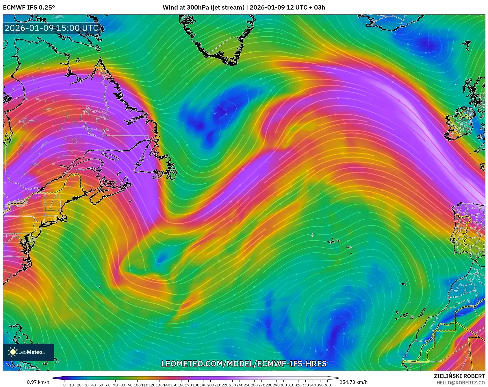 ECMWF IFS 0.25° model - North Atlantic, Wind at 300hPa (jet stream)
