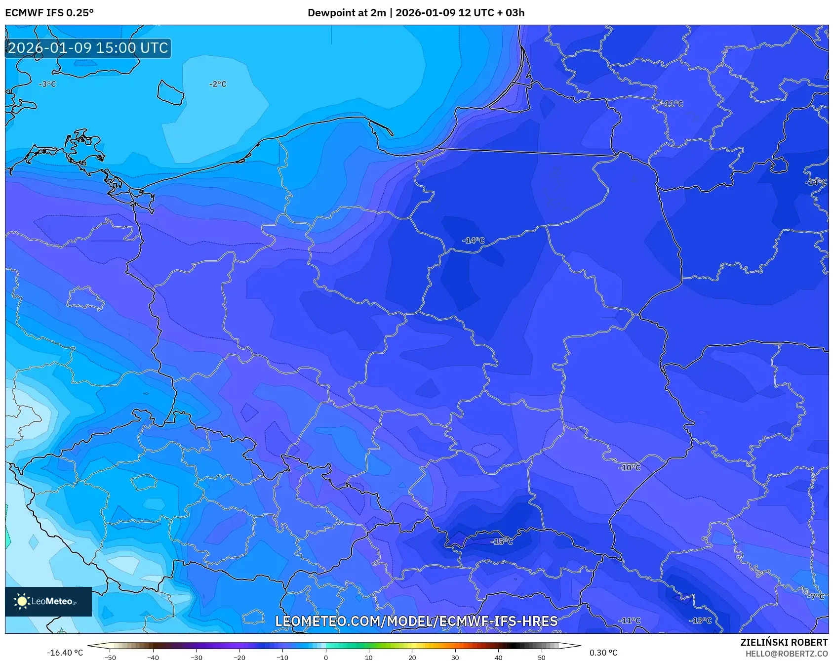 ECMWF IFS 0.25° model - Poland, Dewpoint at 2m