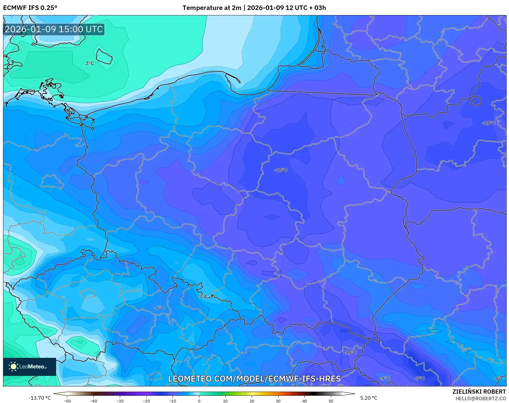 ECMWF IFS 0.25° model - Poland, Temperature at 2m