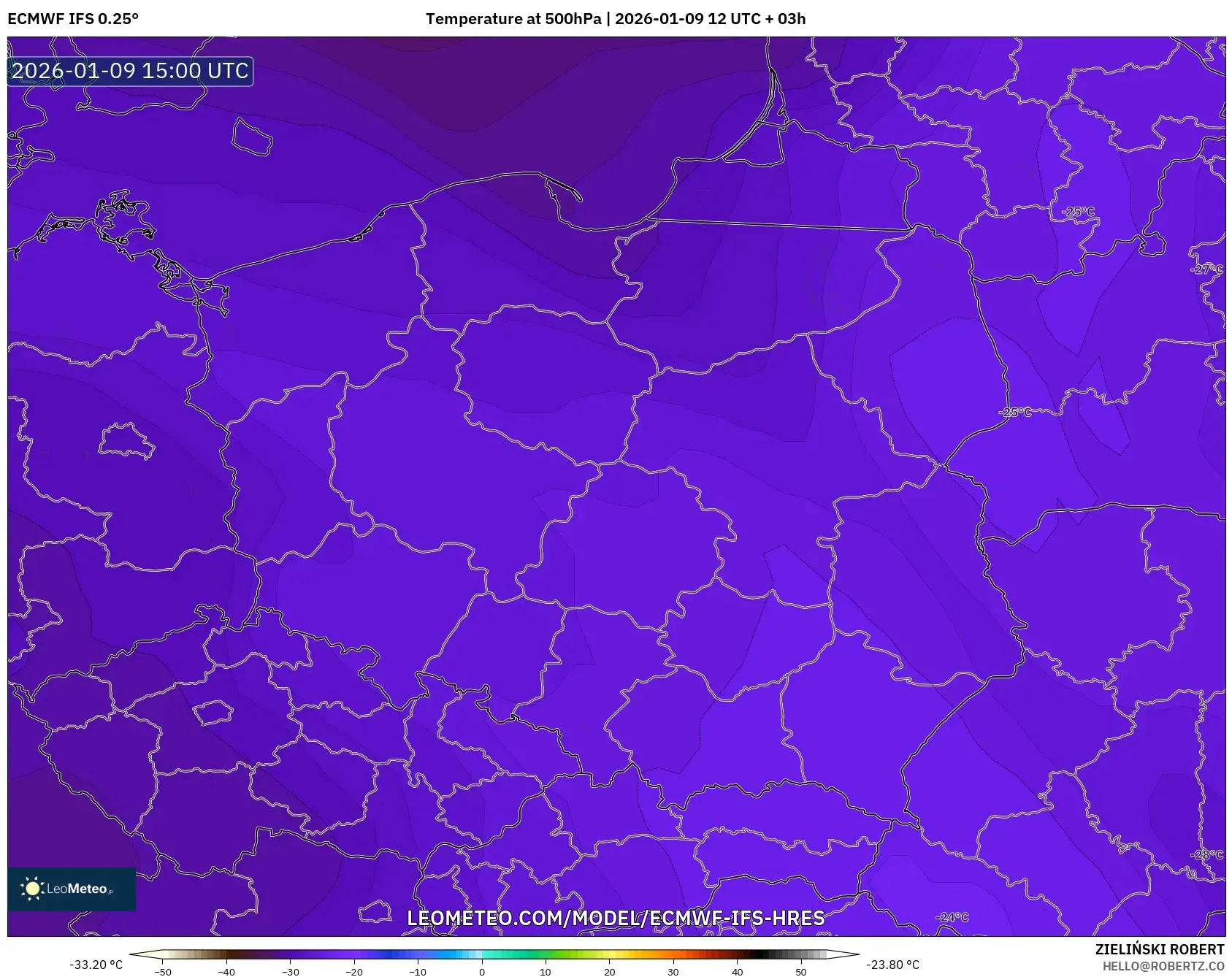 ECMWF IFS 0.25° model - Poland, Temperature at 500hPa