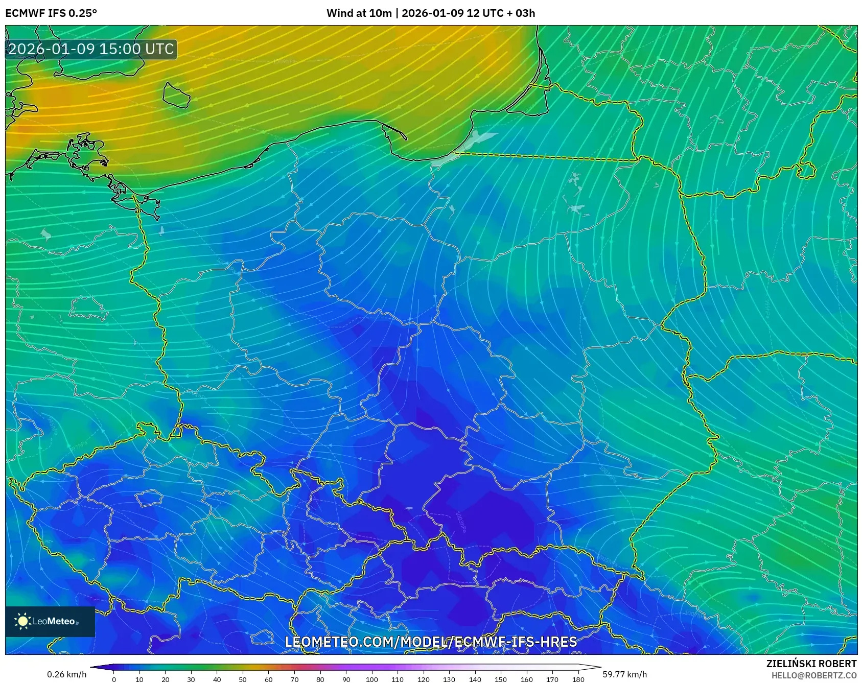 ECMWF IFS 0.25° model - Poland, Wind at 10m