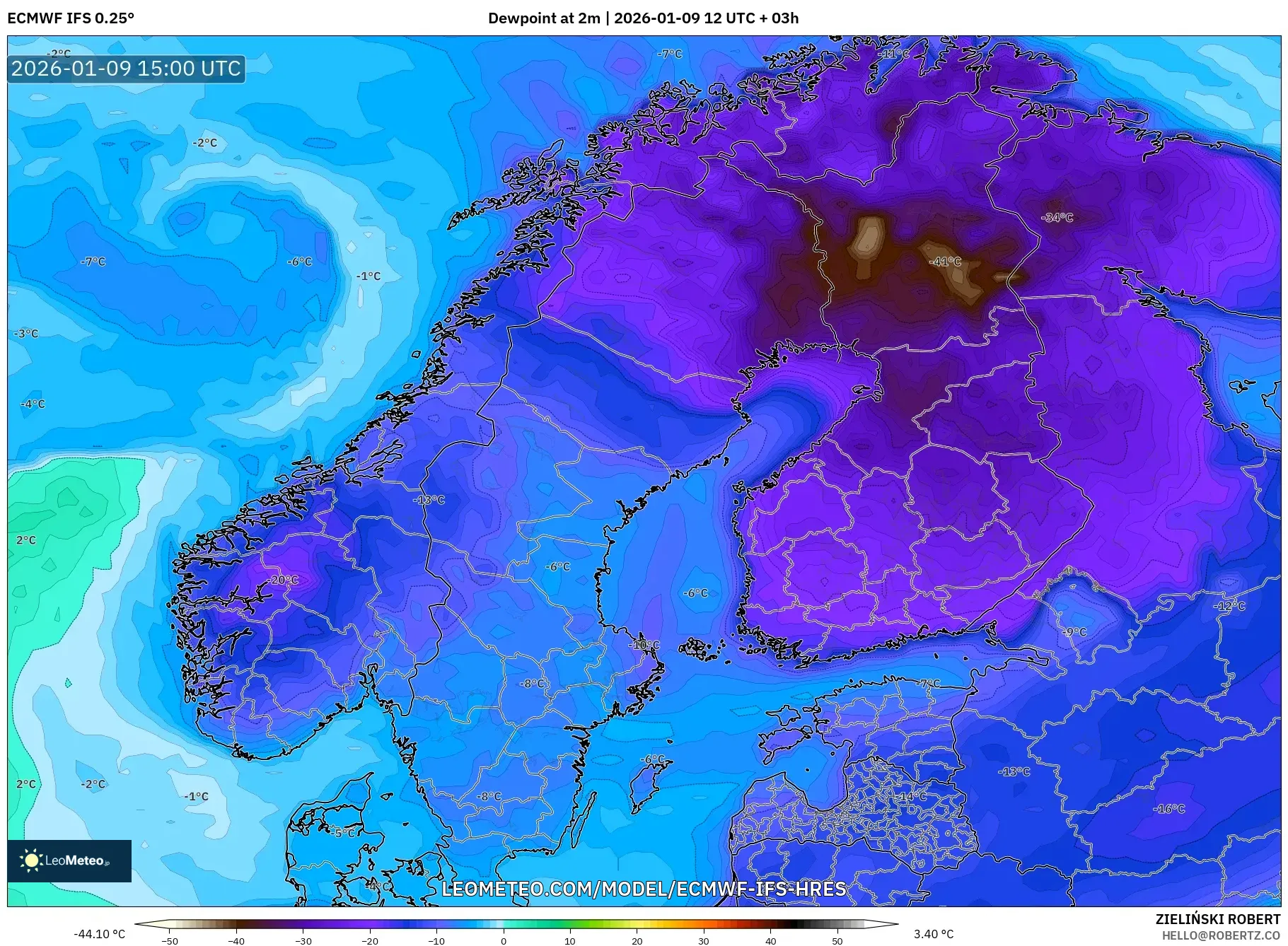 ECMWF IFS 0.25° model - Scandinavia, Dewpoint at 2m