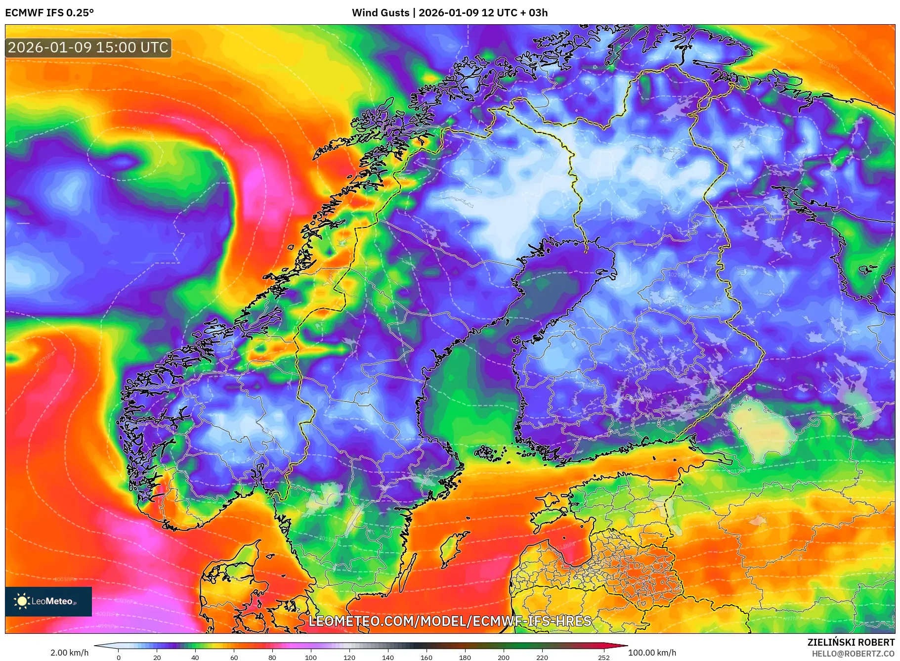 ECMWF IFS 0.25° model - Scandinavia, Wind Gusts