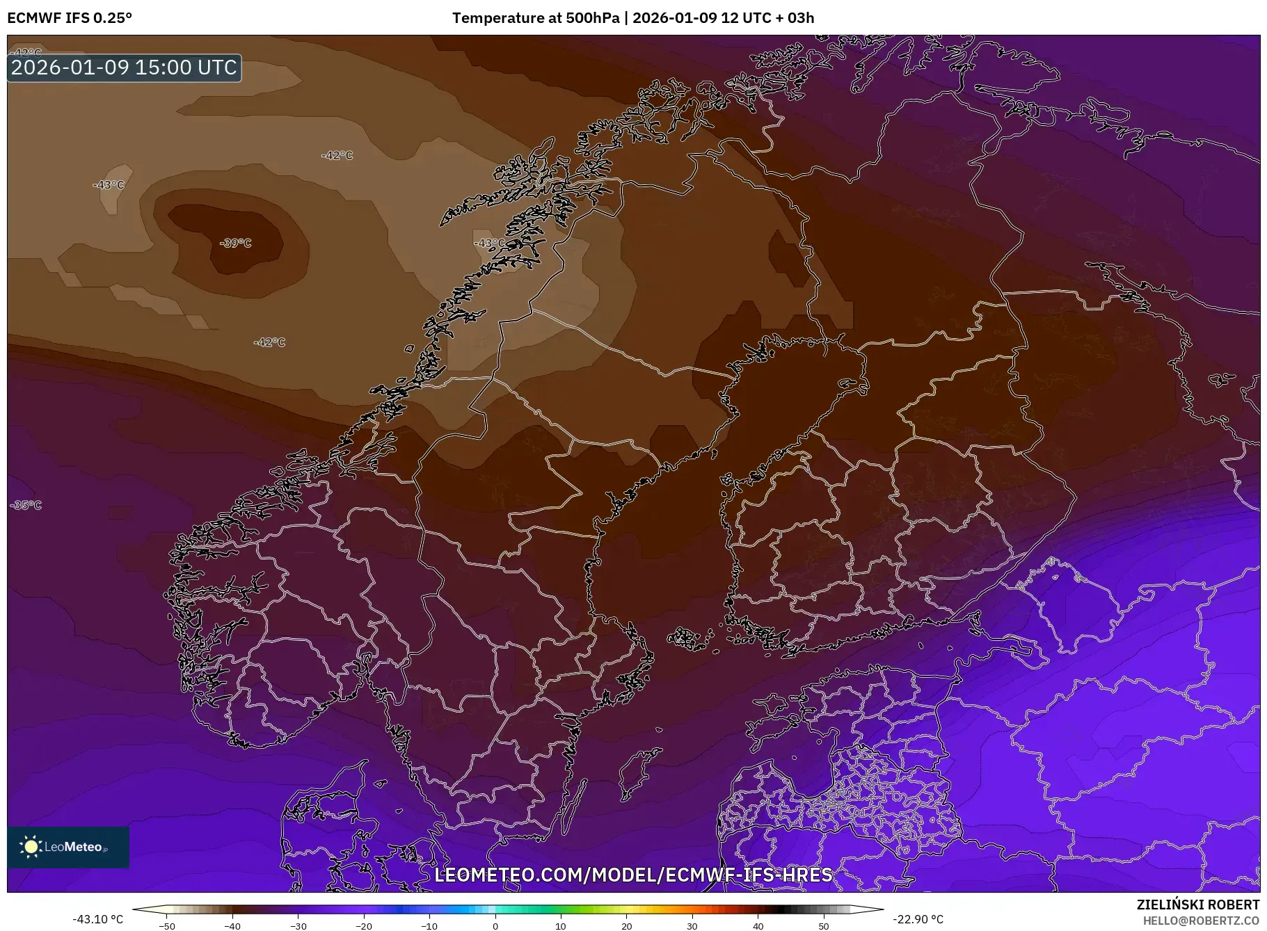 ECMWF IFS 0.25° model - Scandinavia, Temperature at 500hPa