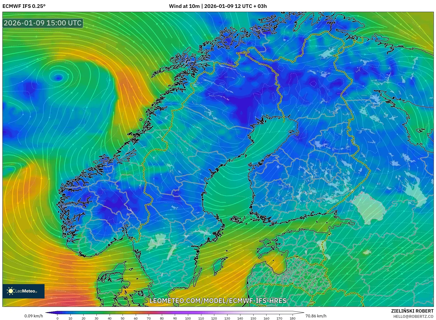 ECMWF IFS 0.25° model - Scandinavia, Wind at 10m