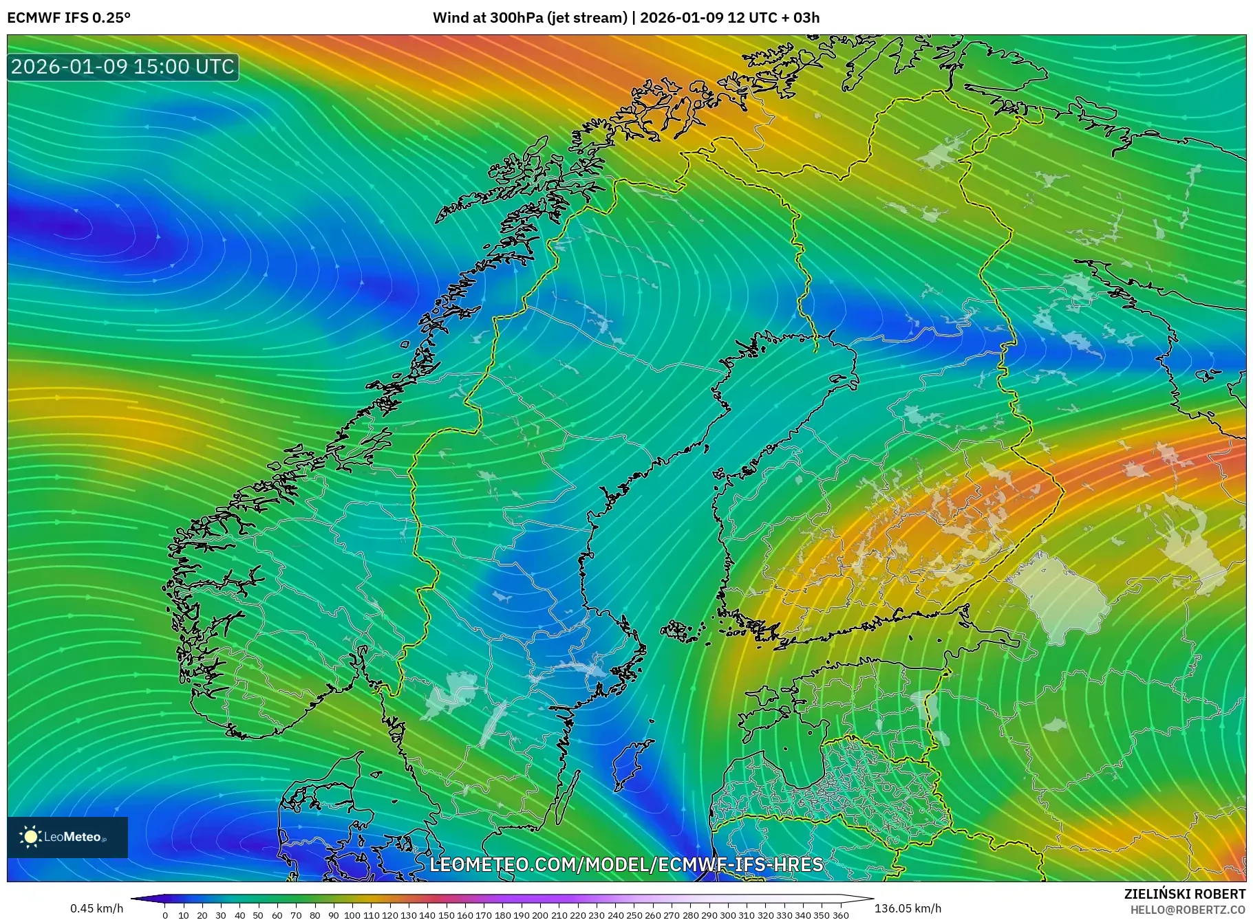 ECMWF IFS 0.25° model - Scandinavia, Wind at 300hPa (jet stream)