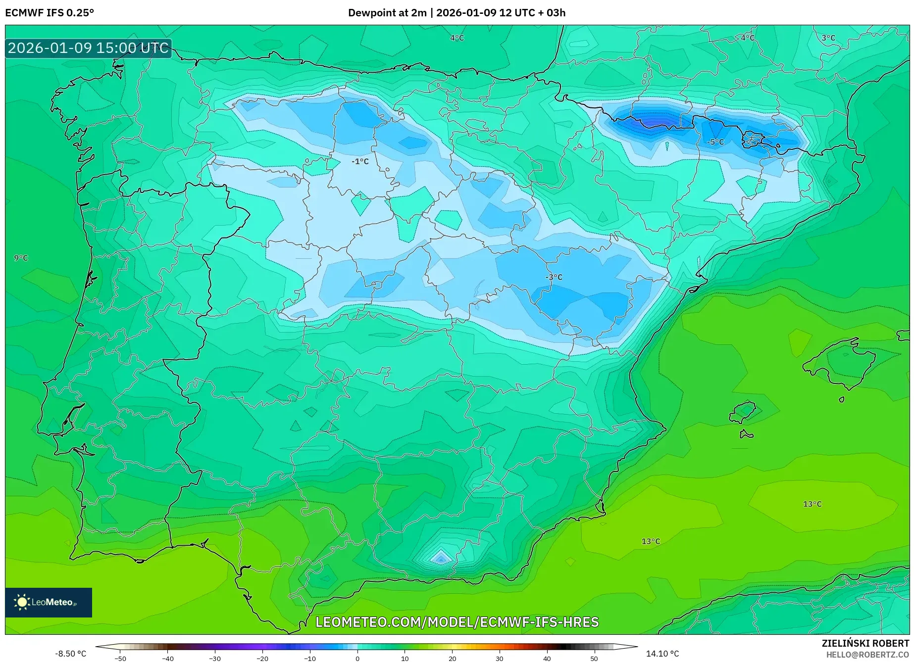 ECMWF IFS 0.25° model - Spain, Dewpoint at 2m