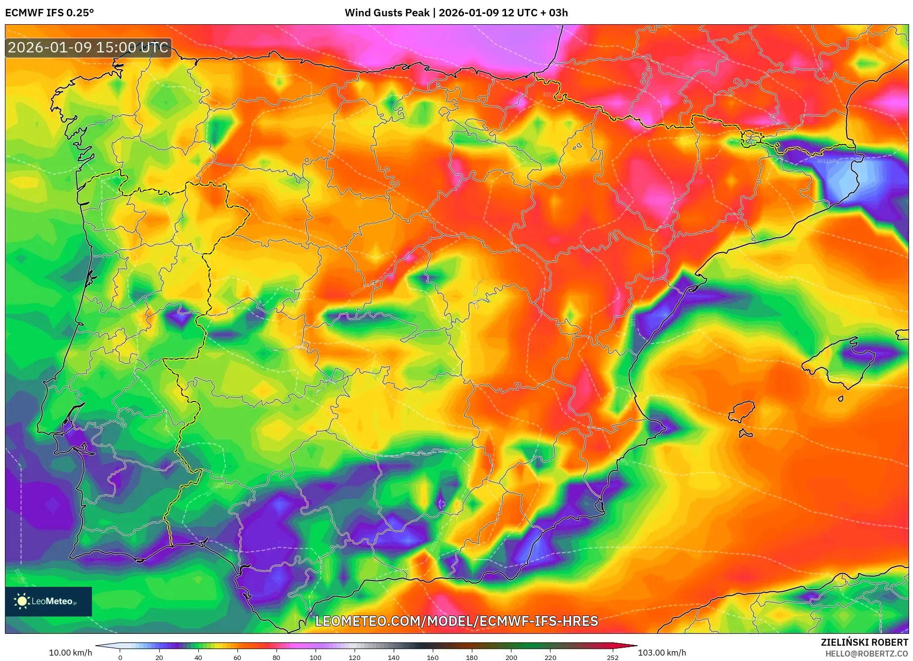 ECMWF IFS 0.25° model - Spain, Wind Gusts Peak