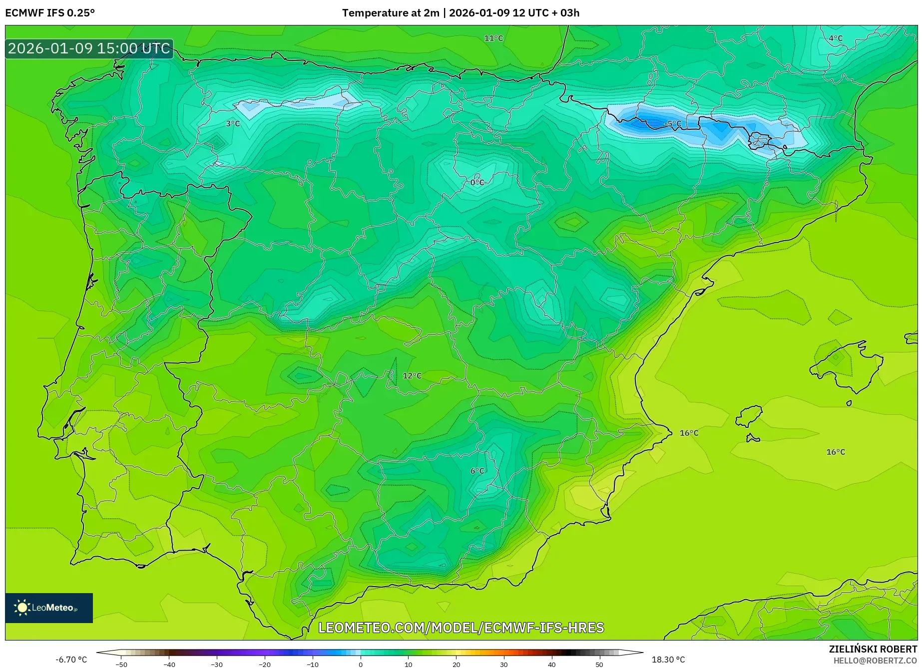 ECMWF IFS 0.25° model - Spain, Temperature at 2m