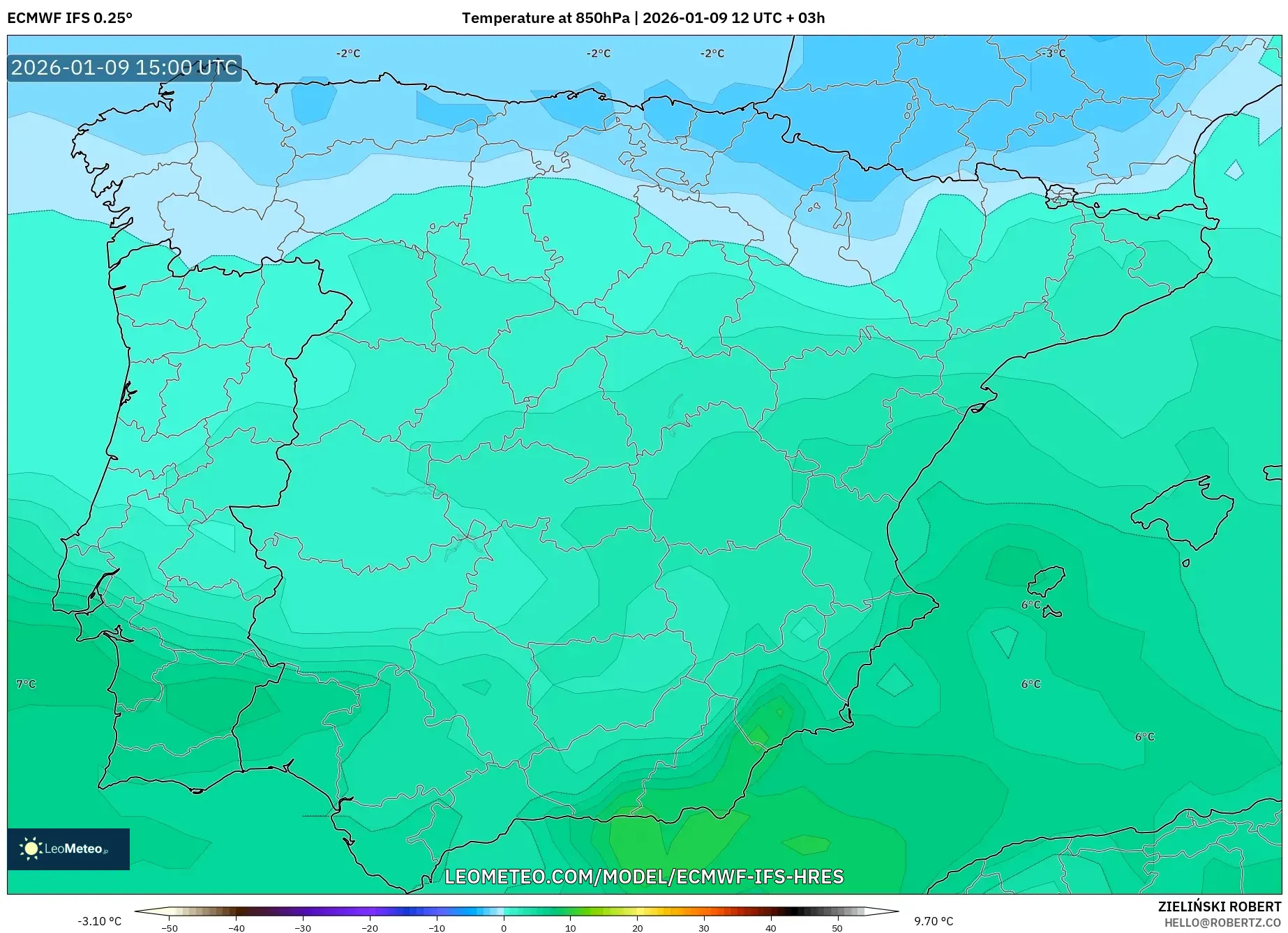 ECMWF IFS 0.25° model - Spain, Temperature at 850hPa