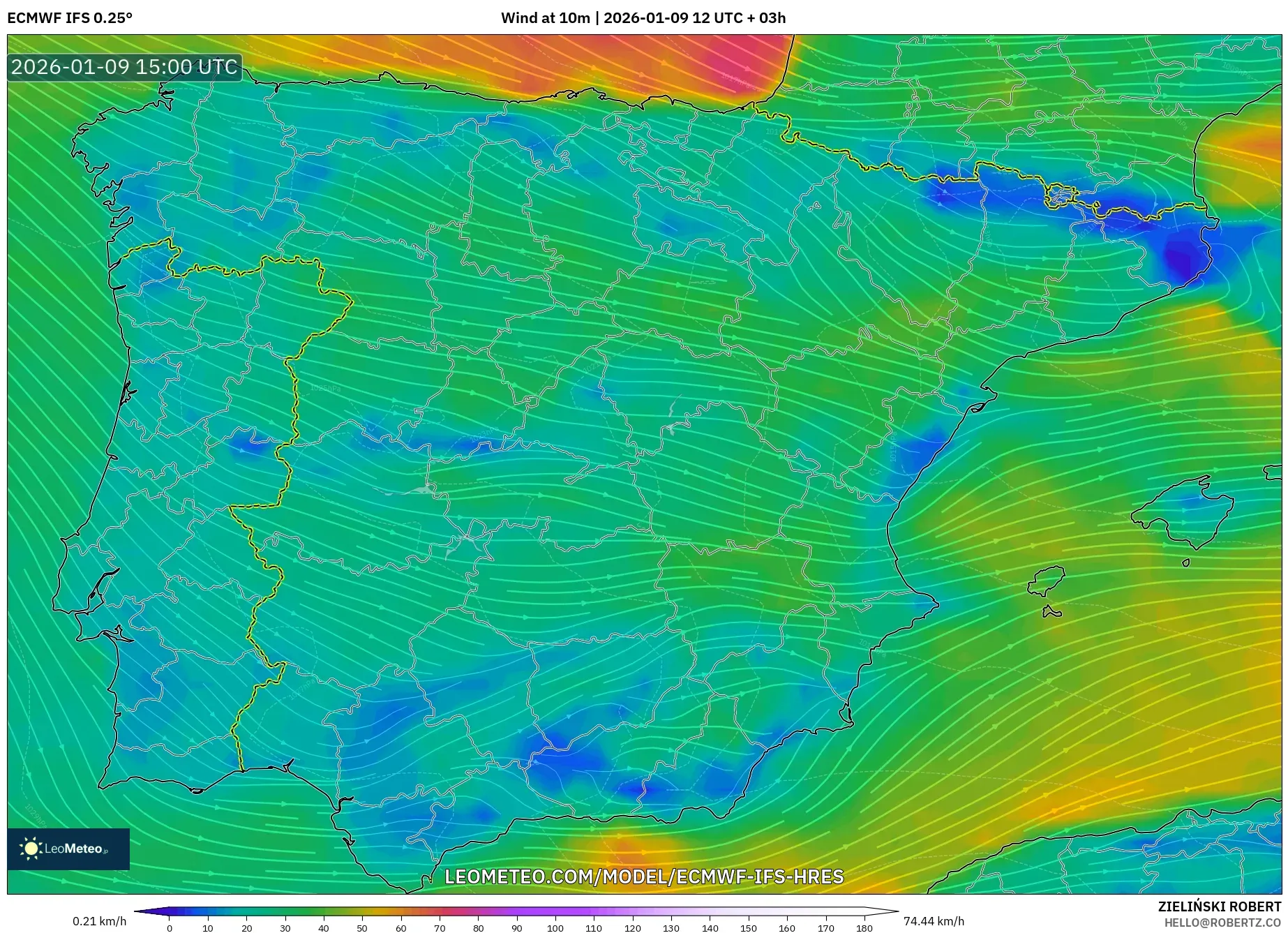 ECMWF IFS 0.25° model - Spain, Wind at 10m