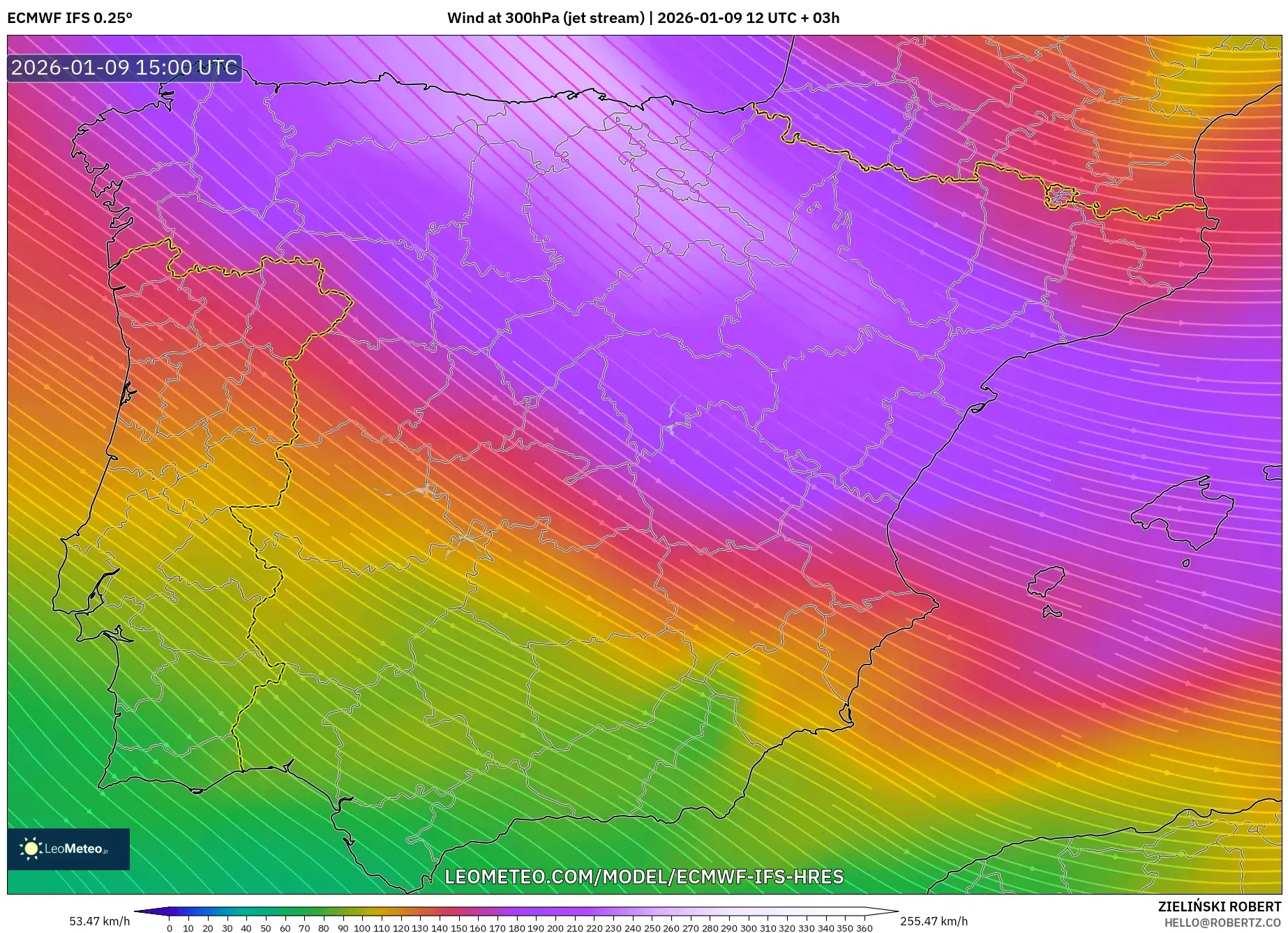 ECMWF IFS 0.25° model - Spain, Wind at 300hPa (jet stream)