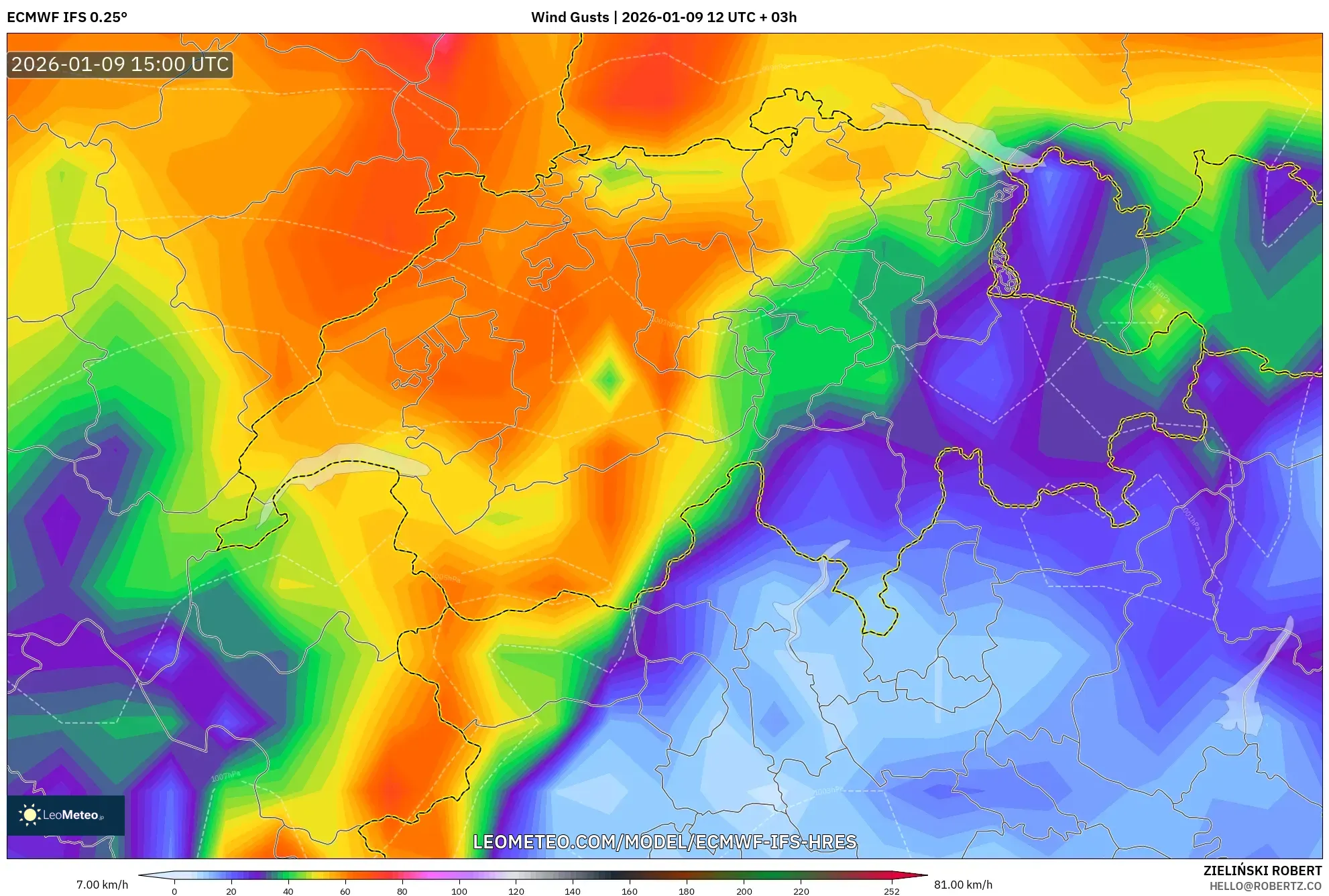 ECMWF IFS 0.25° model - Switzerland, Wind Gusts